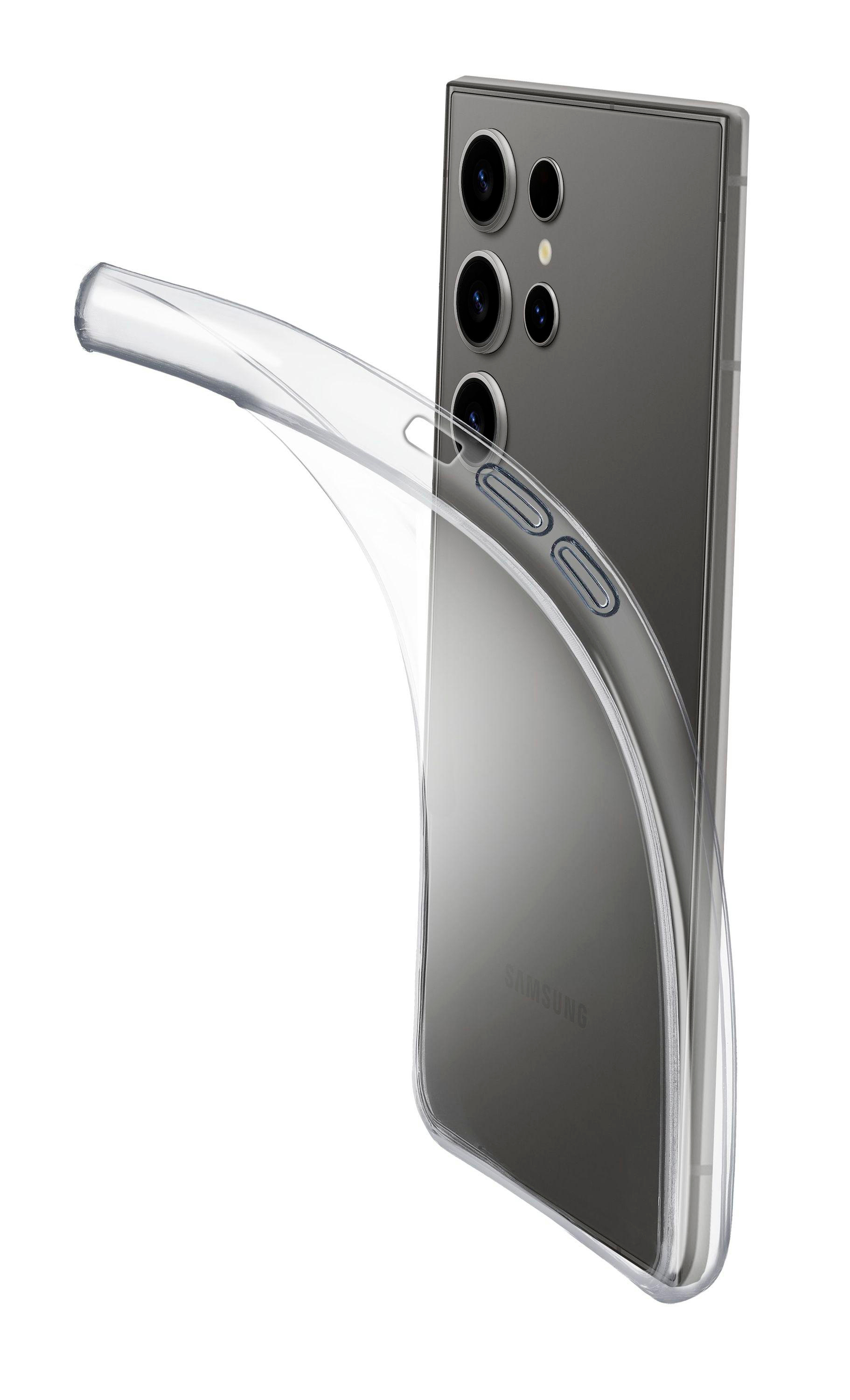Transparente Handyhülle über einem grauen Samsung-Telefon. Kameralinsen sind sichtbar. Die Hülle wölbt sich weg.