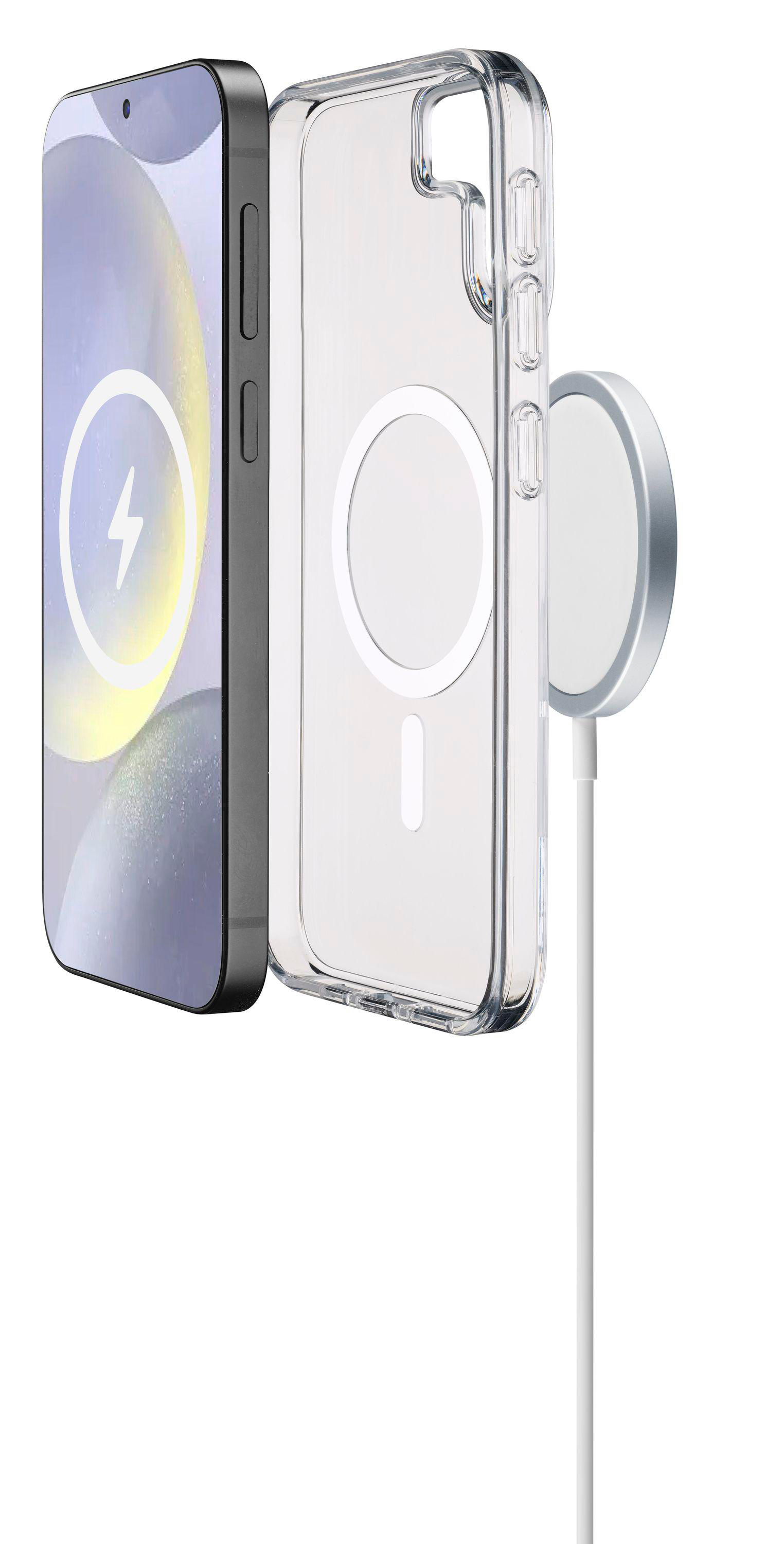 Telefon mit durchsichtiger Hülle und Ladezubehör.