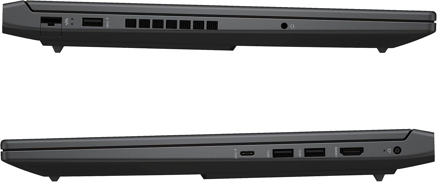 Seitenansichten eines dunkelgrauen Laptops mit Anschlüssen und Lüftungsschlitzen an den Seiten.