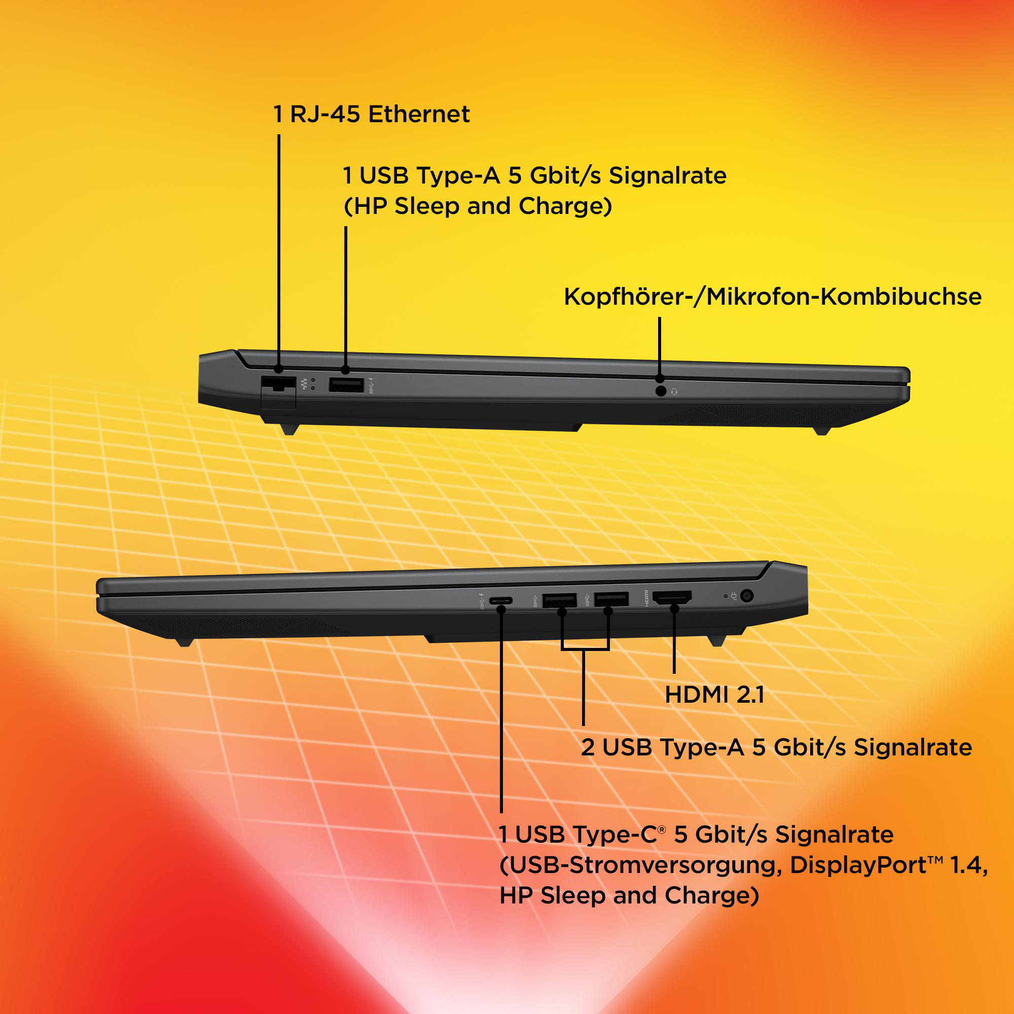 Nahaufnahme der Laptop-Anschlüsse. Enthält Ethernet, USB, HDMI und Kopfhöreranschluss.