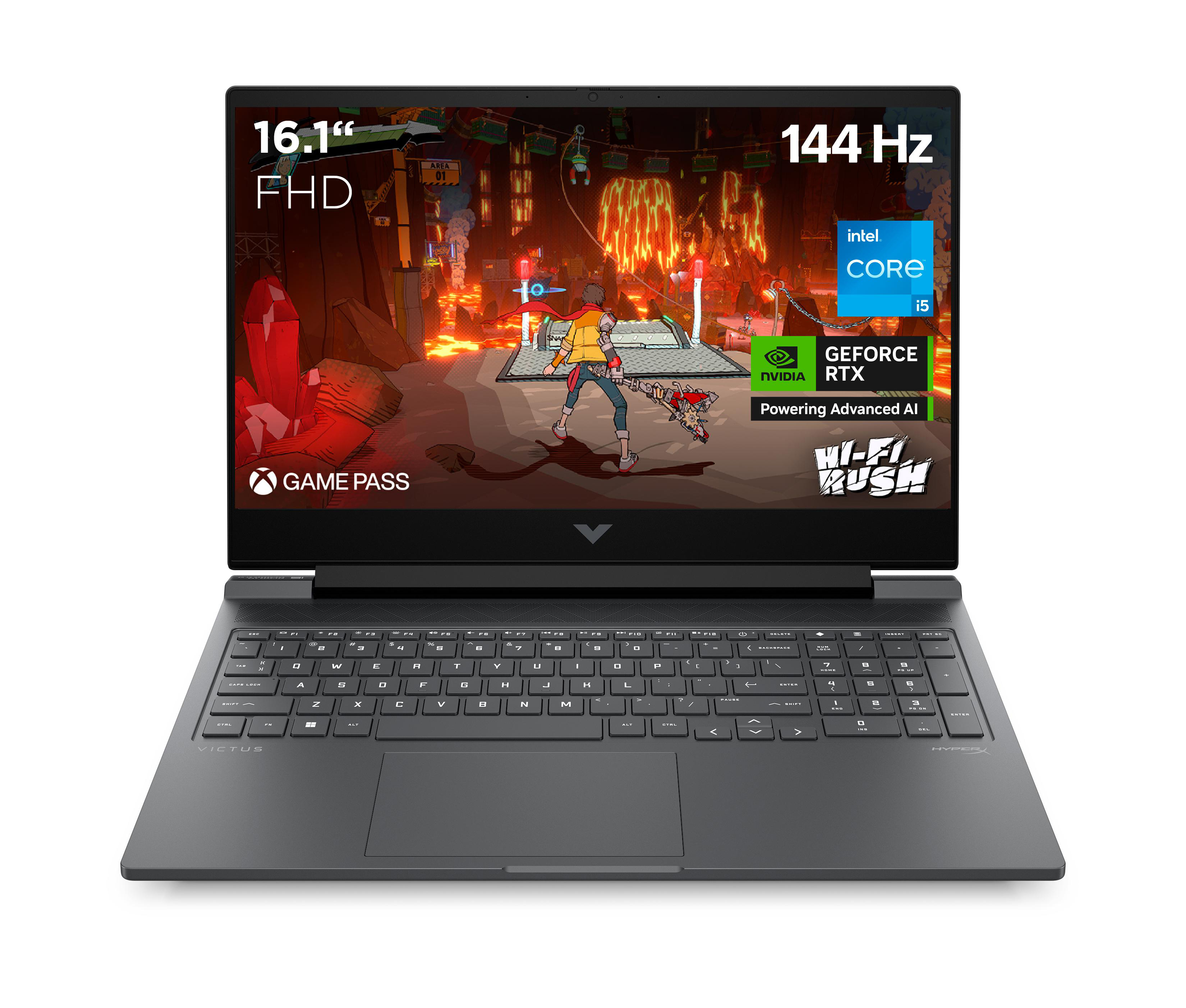 Ein Laptop zeigt eine Videospielszenen. Es hat eine Bildschirmgröße von 16,1" FHD, 144 Hz und einen Intel Core i5 Prozessor.