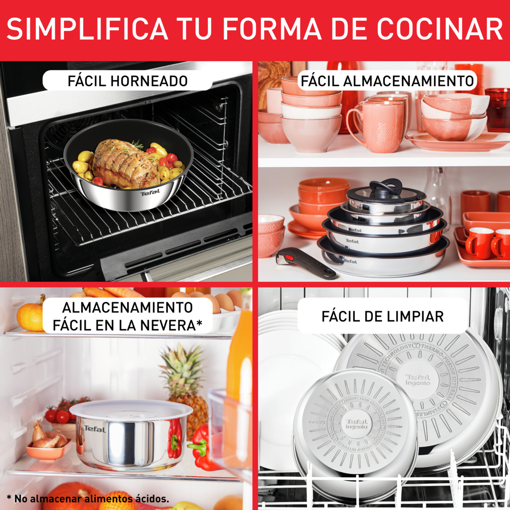 Cuatro imágenes que muestran artículos de cocina. Un plato horneado, una pila de sartenes, artículos en el refrigerador y sartenes limpias.
