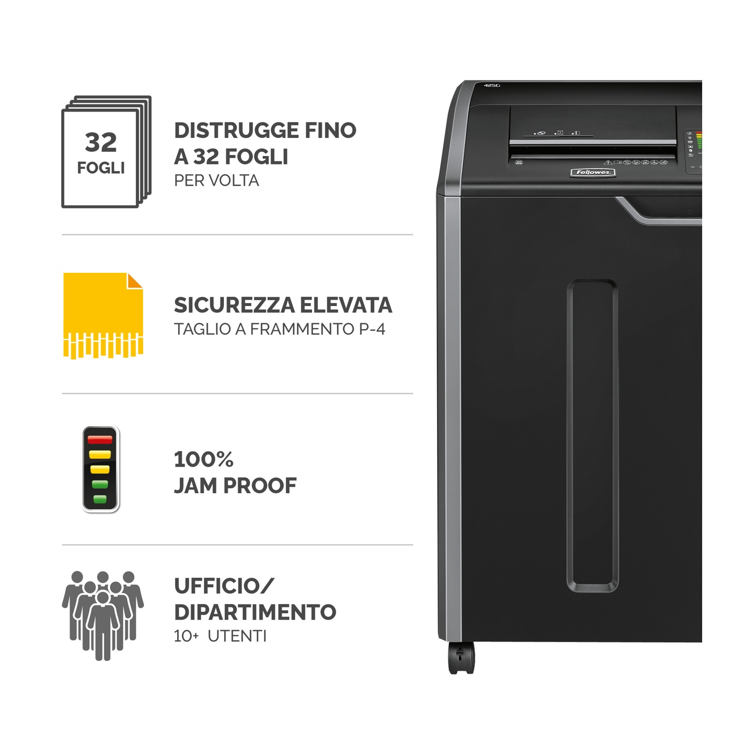 Un distruggi documenti nero con icone che mostrano capacità di taglio, sicurezza e uso in ufficio.