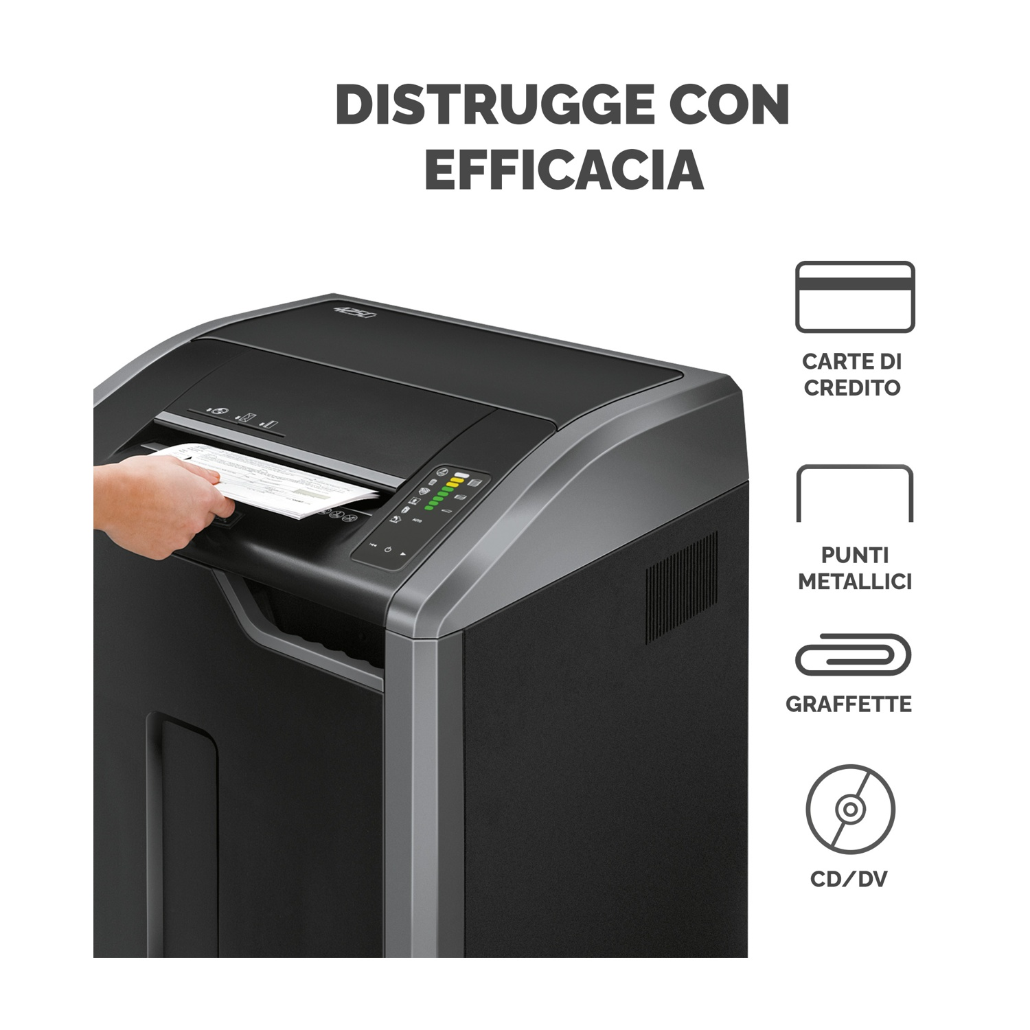 Distruggidocumenti con mano che inserisce carta. Mostra carte, graffette e CD.
