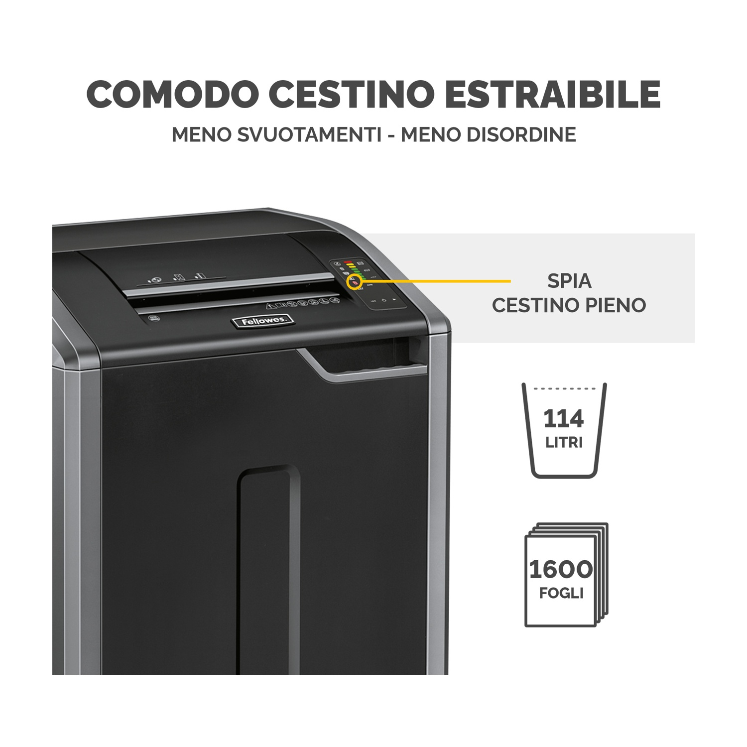 Distruggidocumenti nero. L'evidenziatore giallo mostra l'indicatore del cestino pieno. Sfondo bianco.