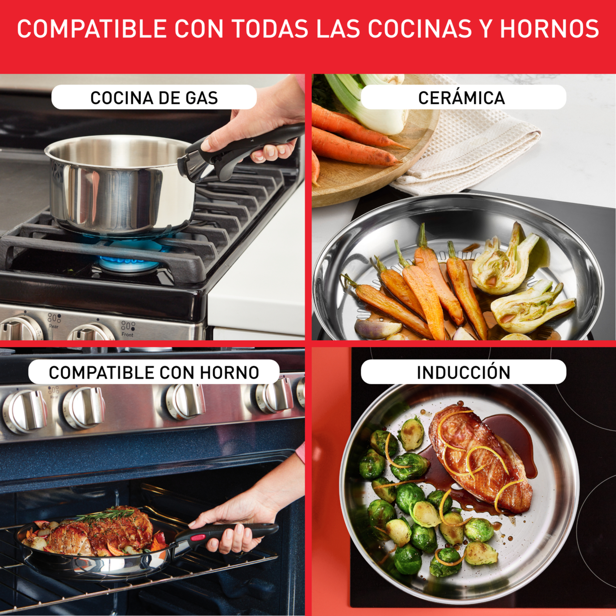 Un collage que muestra varios métodos de cocción: gas, cerámica, horno, inducción.