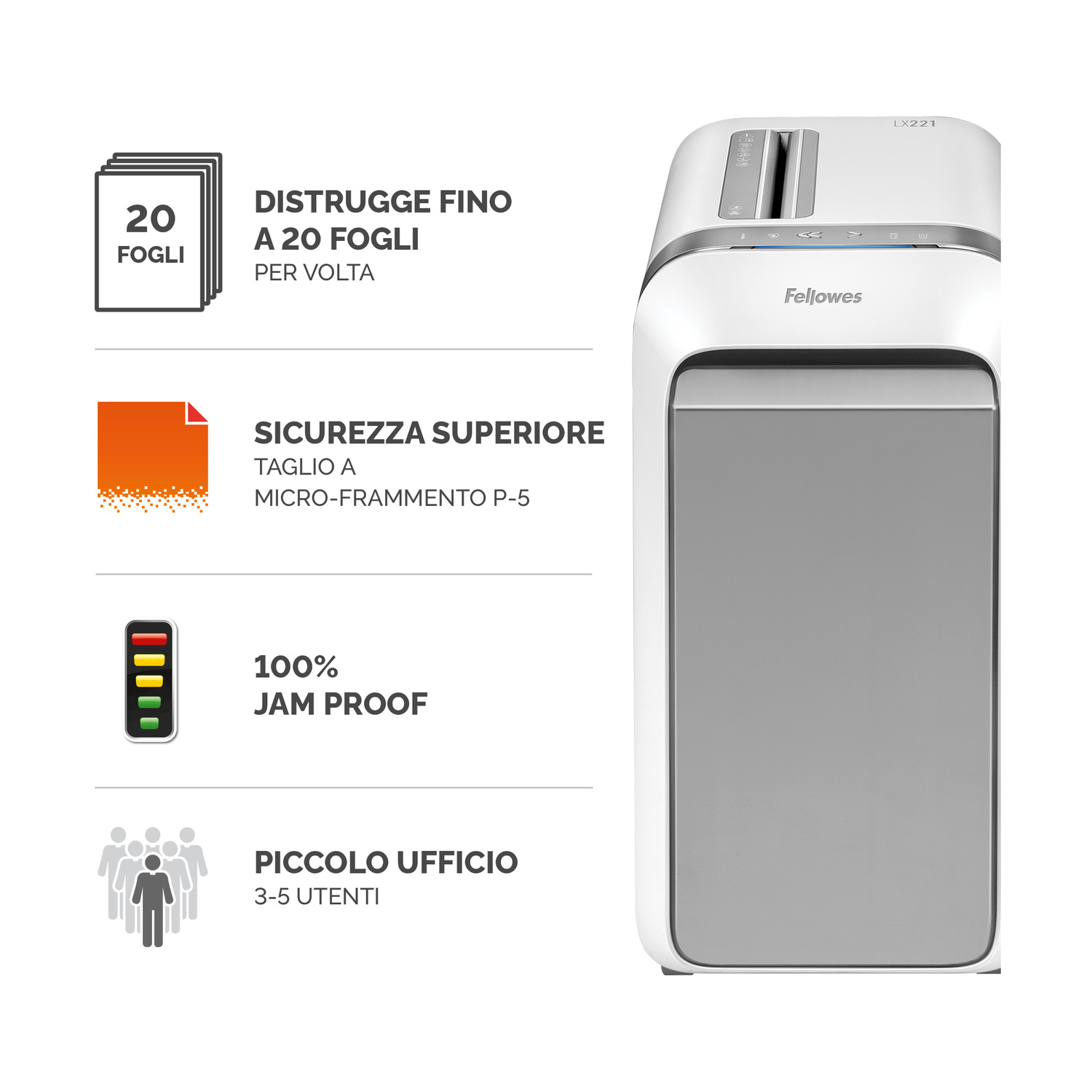 Distruggidocumenti Fellowes bianco con caratteristiche: 20 fogli, micro-taglio, 100% anti-inceppamento, piccolo ufficio.