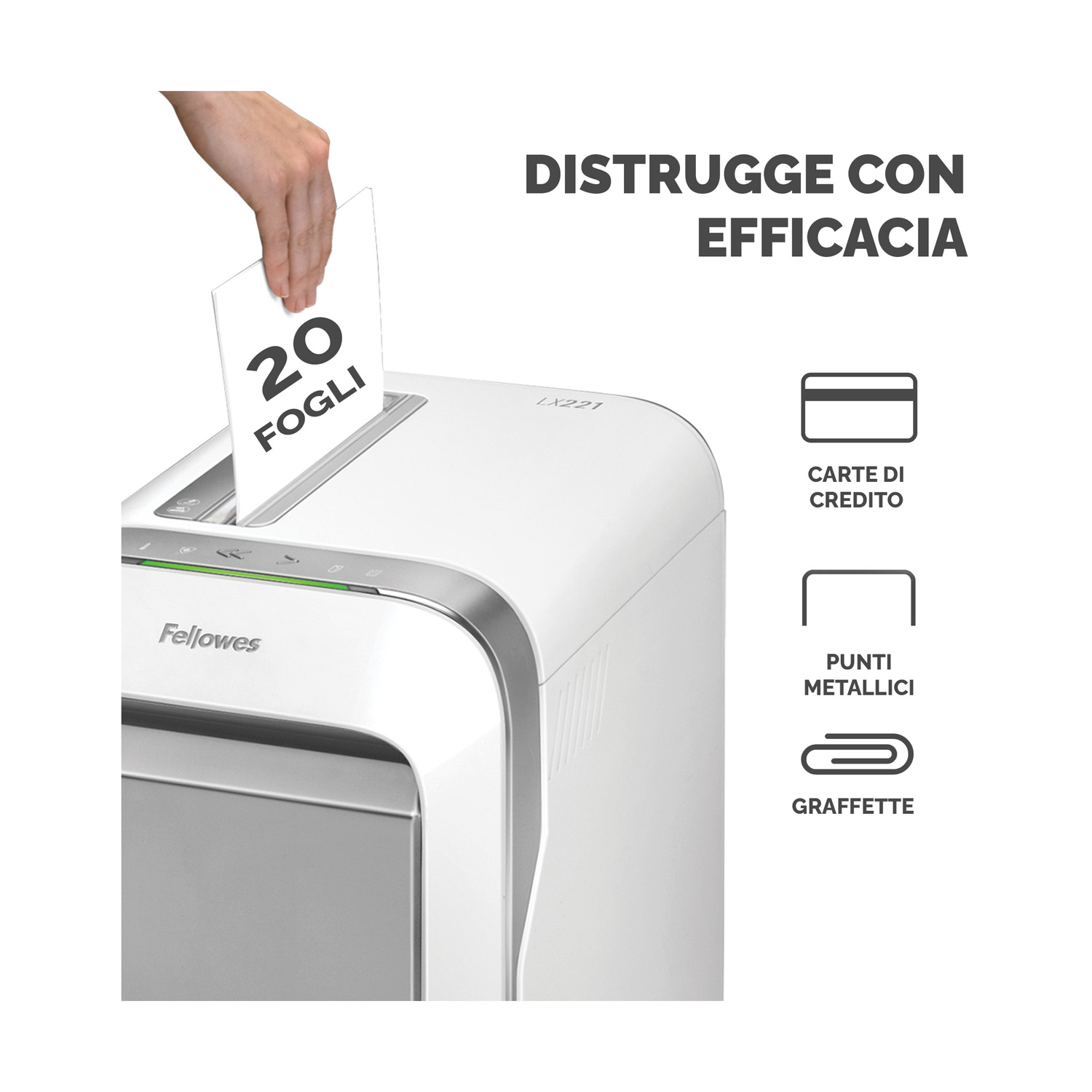 Distruggidocumenti con una mano che inserisce carta, con icone per carte di credito, punti metallici e graffette.