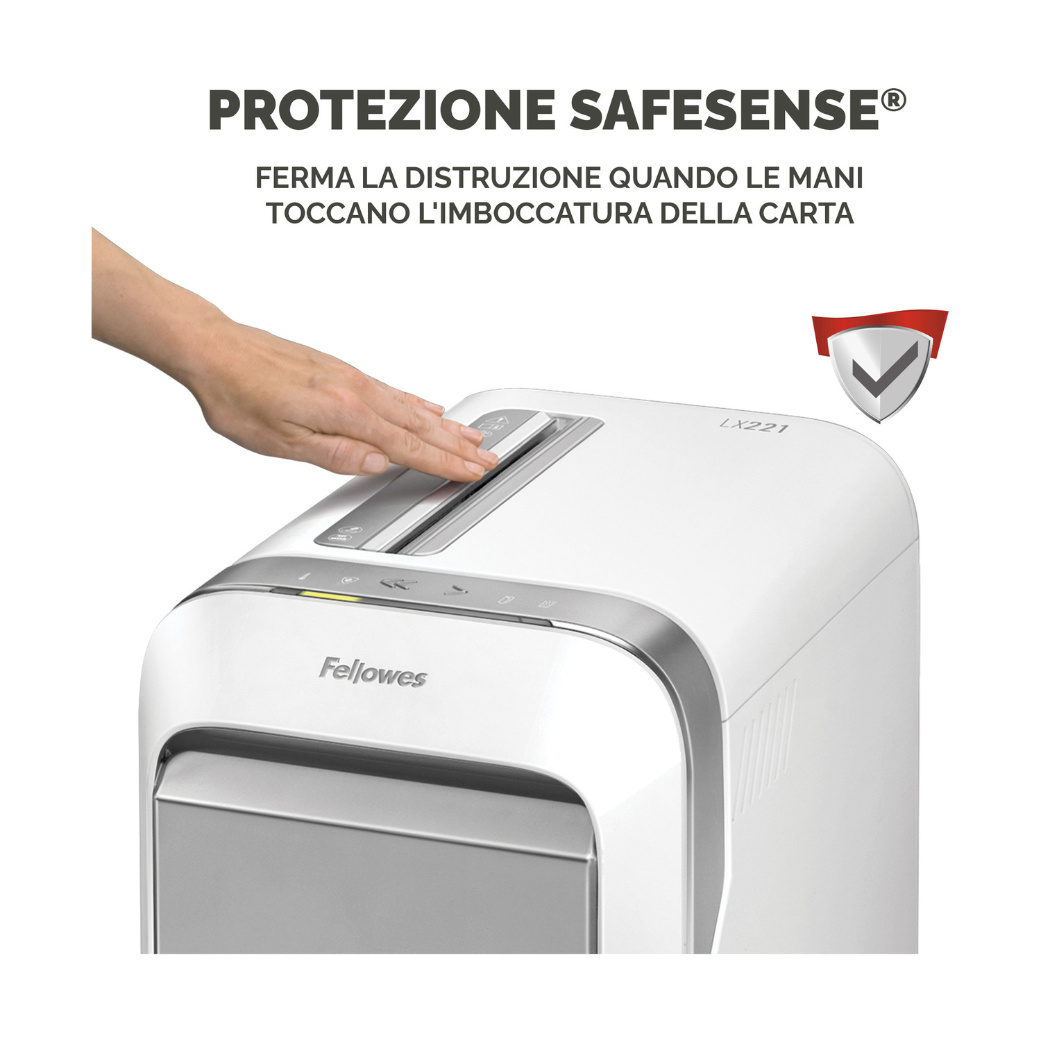 Un distruggi documenti bianco. Una mano tocca l'ingresso della carta, mostrando la funzione di sicurezza.