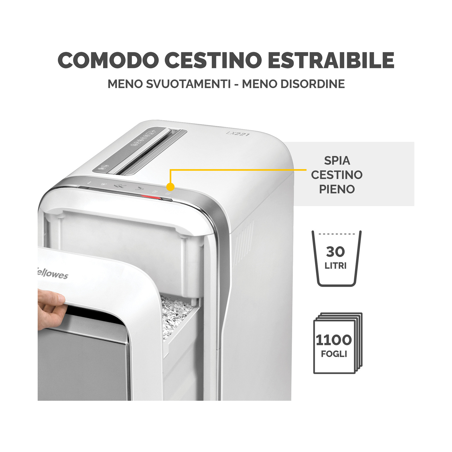 Primo piano di un tritacarta che mostra il cestino dei rifiuti e le caratteristiche.