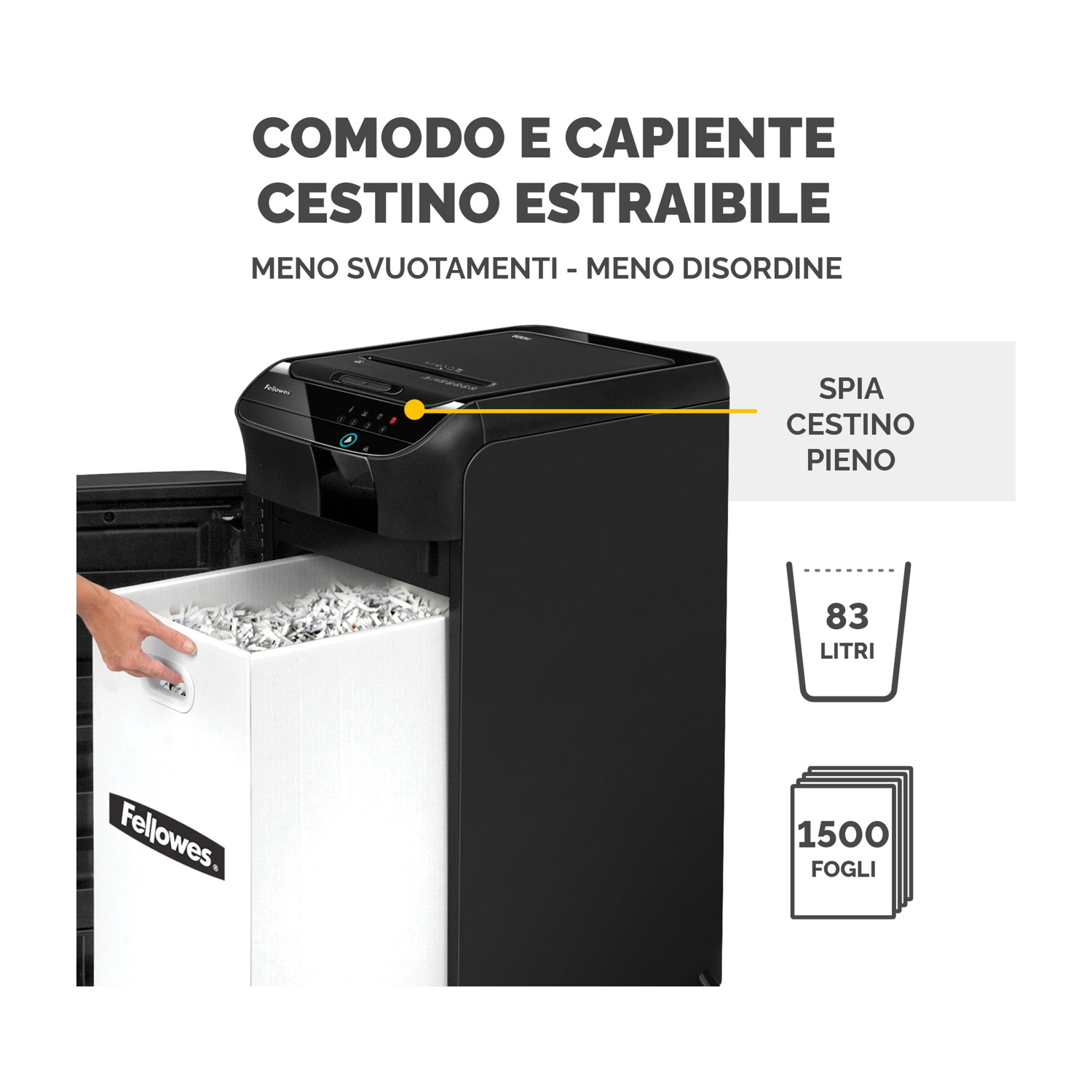Distruggidocumenti nero con contenitore bianco, mano visibile.
