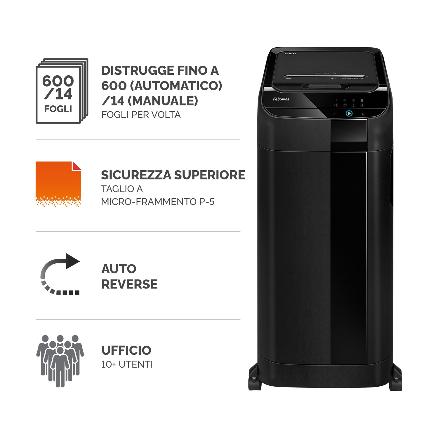 Un tritacarte nero con testo. Il testo descrive la capacità di triturazione e le caratteristiche di sicurezza.
