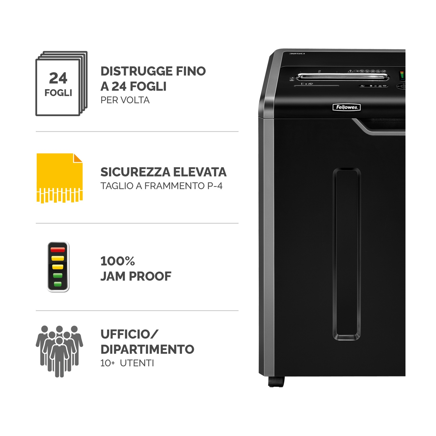 Distruggidocumenti Fellowes nero con icone e testo, sfondo bianco.