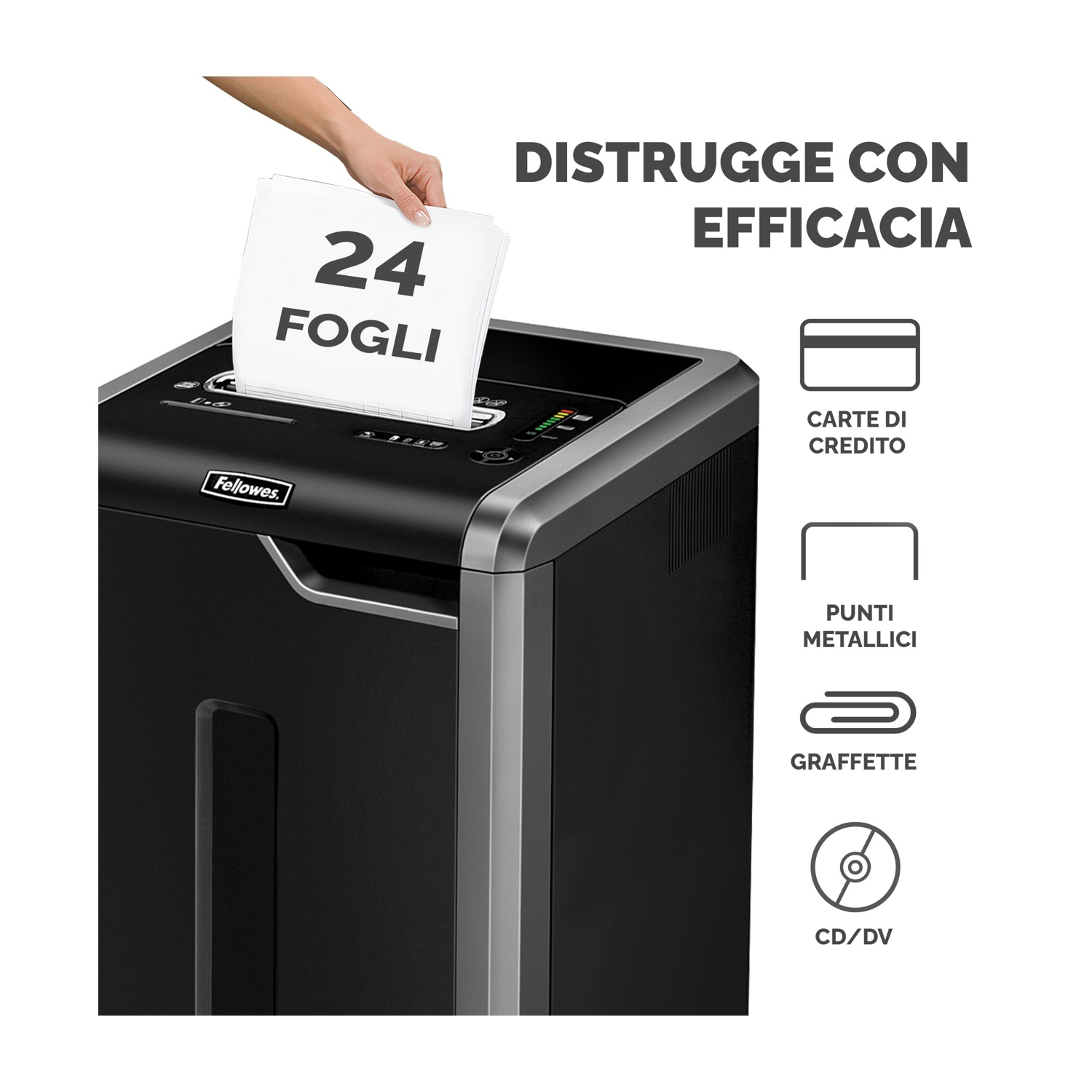 Distruggidocumenti con mano che alimenta la carta. Icone mostrano carta di credito, punti, graffetta e CD/DV.