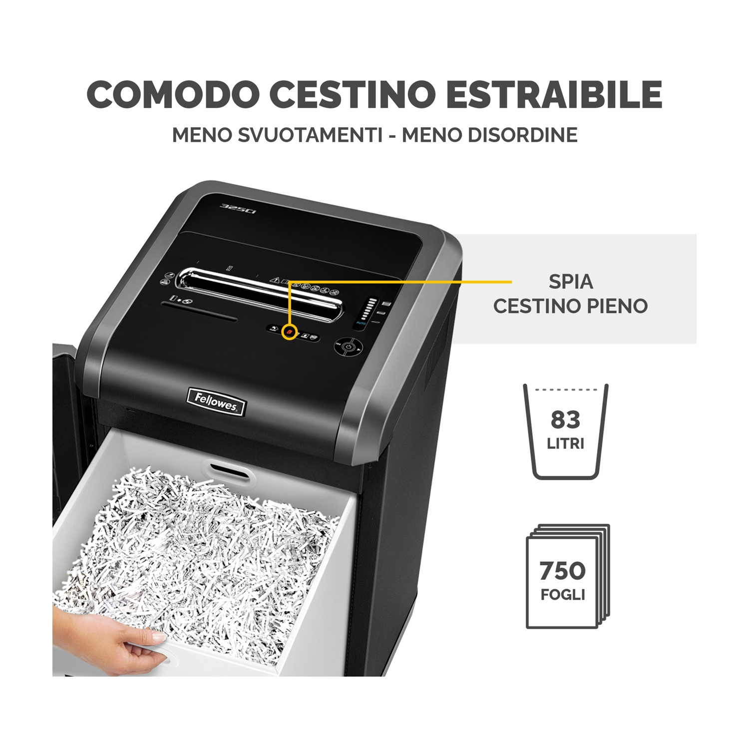 Distruggidocumenti nero con una mano che svuota la carta sminuzzata in un vassoio. Testo in italiano.