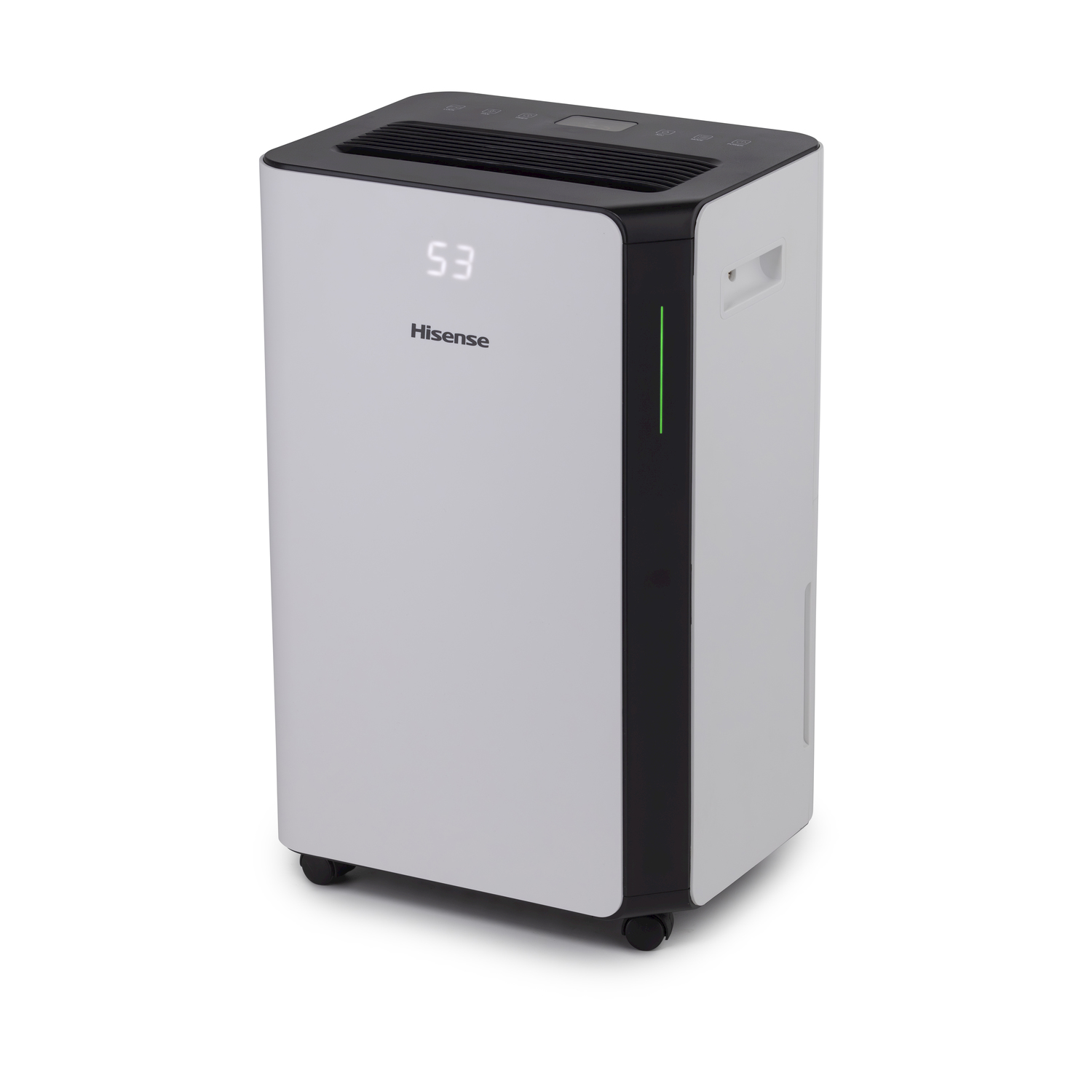 Deumidificatore Hisense bianco e nero. Ha un display che mostra il numero 53.