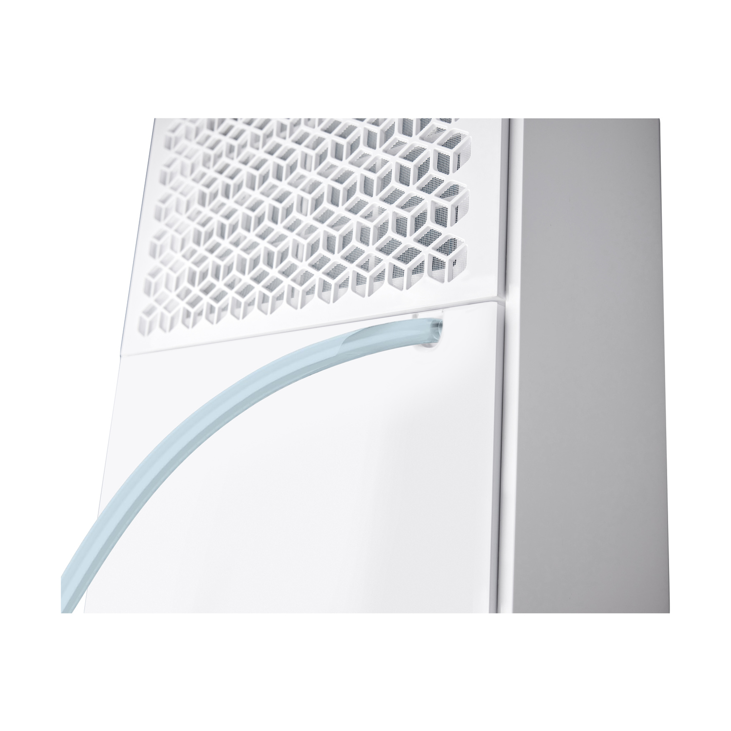 Dispositivo bianco con un tubo azzurro e un motivo a griglia a nido d'ape.
