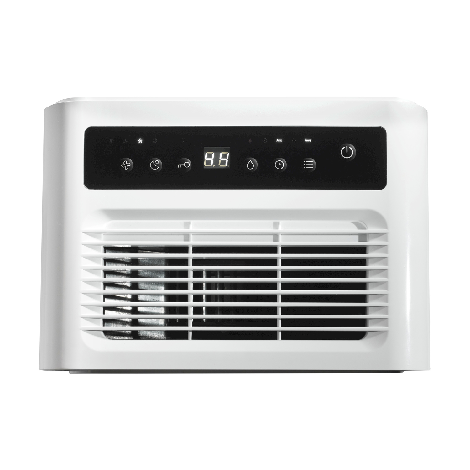 Purificatore d'aria bianco con pannello di controllo nero. Dotato di display e vari pulsanti di controllo.