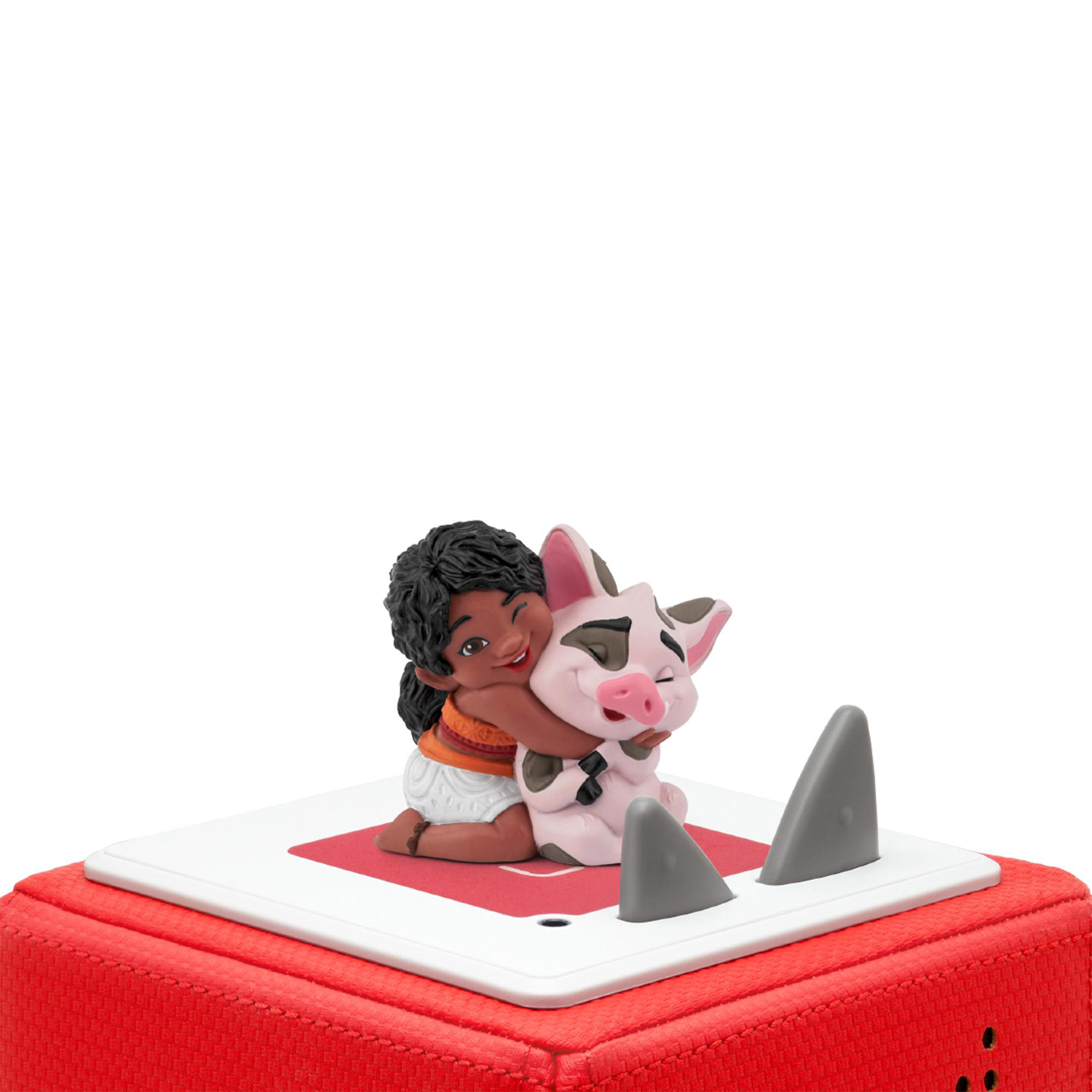 Cartoon-Mädchen umarmt Schweine-Spielzeug, auf roter Basis mit Haifischflossen.
