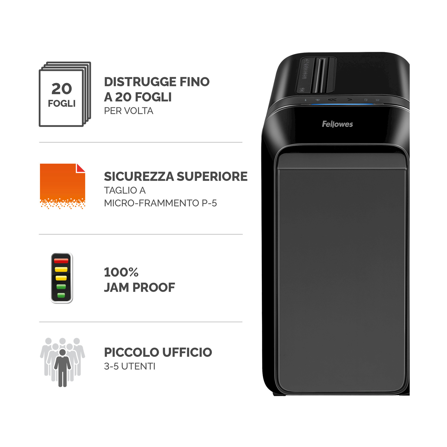 Distruggidocumenti nero. Testo: Distrugge fino a 20 fogli, sicurezza superiore, 100% anti-inceppamento.
