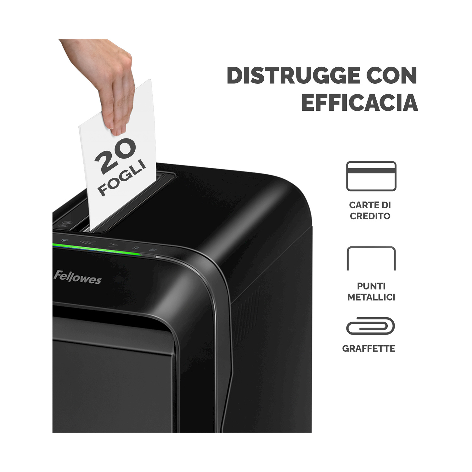 Un tritacarte nero con una mano che vi inserisce della carta.
