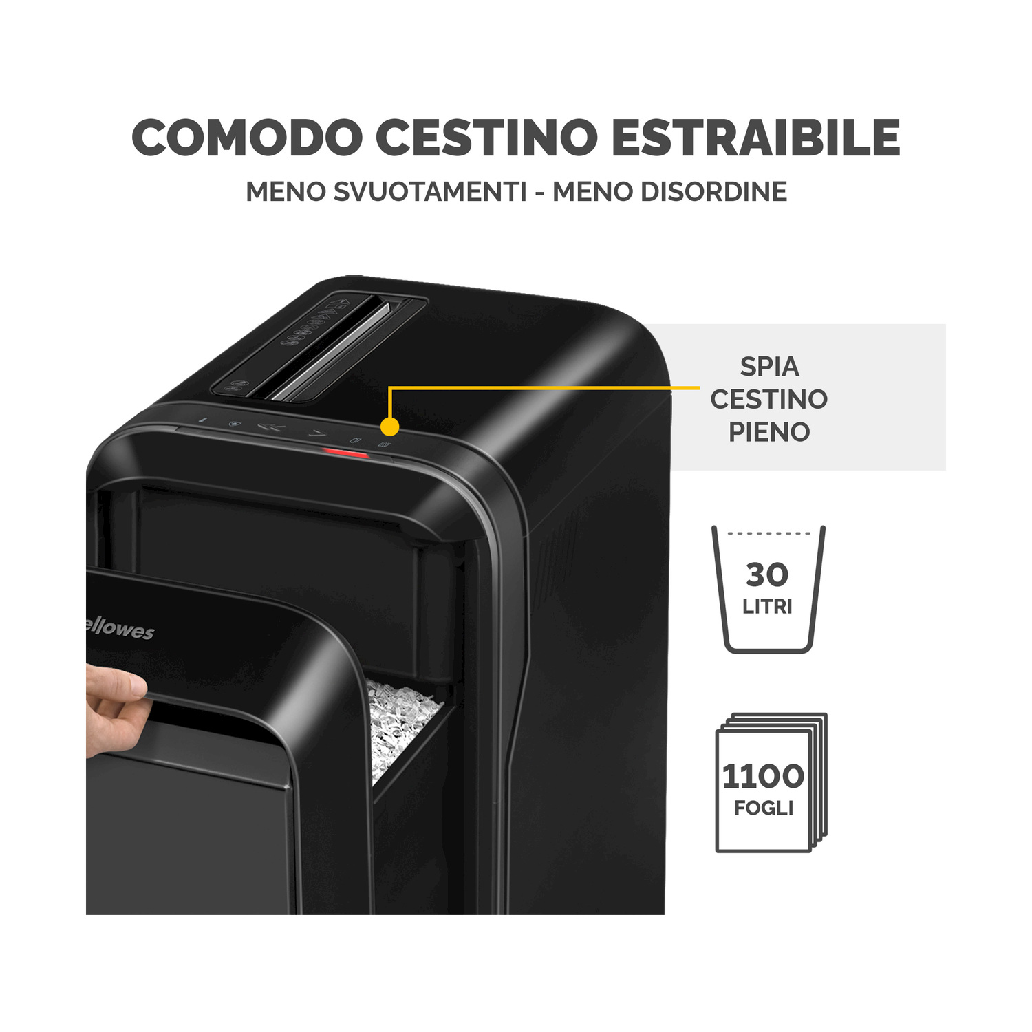 Un tritacarte nero con un cestino aperto, che mostra la carta sminuzzata. Il testo in italiano spiega le caratteristiche.