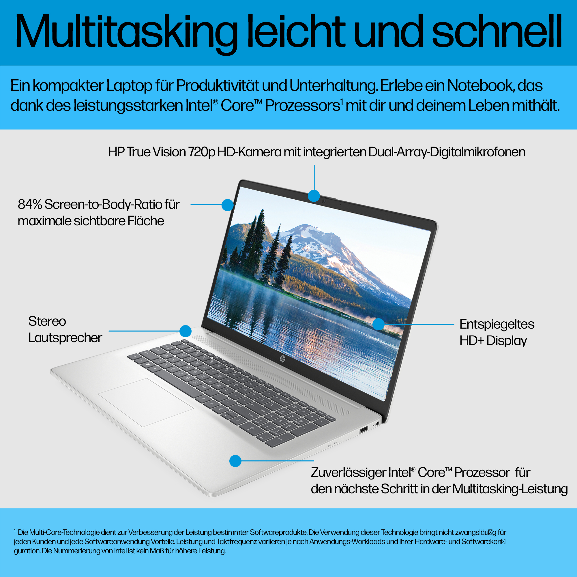 Laptop mit Waldszene auf dem Bildschirm. Text über Prozessor, Bildschirm-zu-Gehäuse-Verhältnis und Lautsprecher.