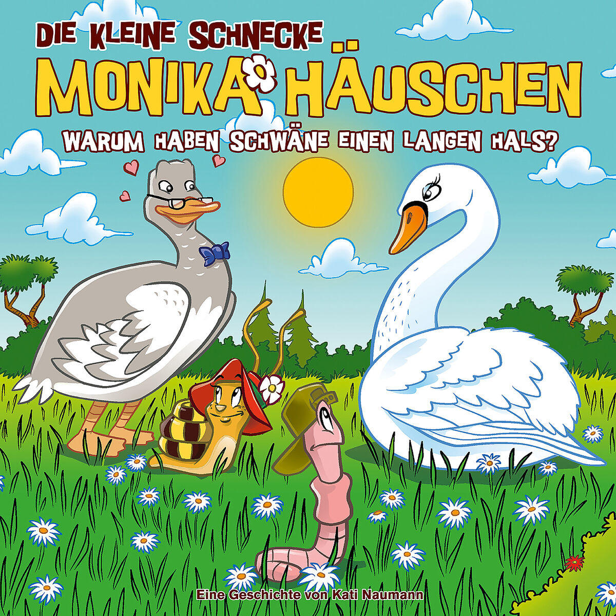 Illustration einer Schnecke und eines Schwans mit dem Text 'Monikas Haus'. Ein Wurm und andere Charaktere sind im Gras.
