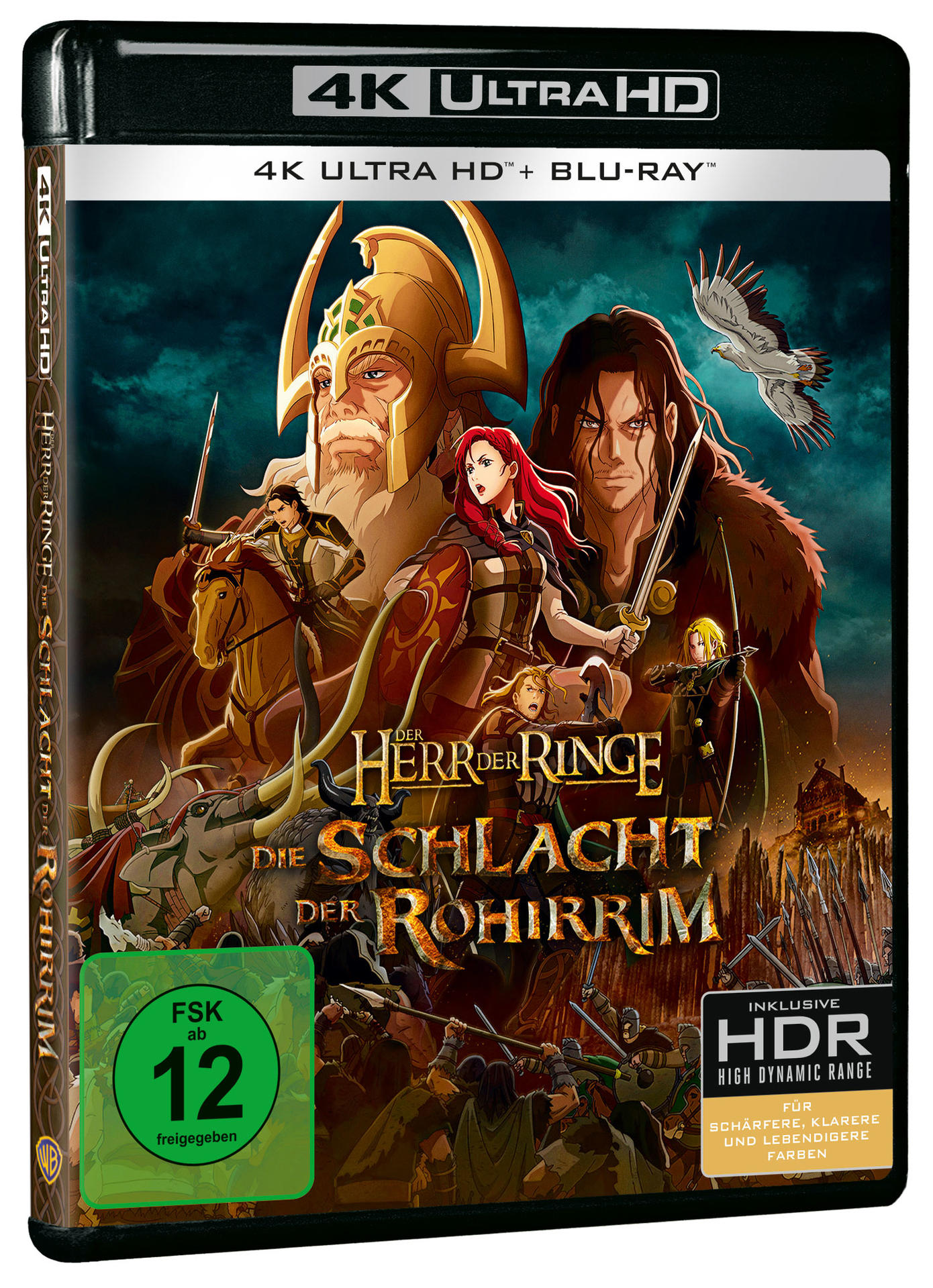 Filmcover mit Charakteren, Schwertern und einem fliegenden Vogel. Titel: Der Herr der Ringe: Die Schlacht der Rohirrim.