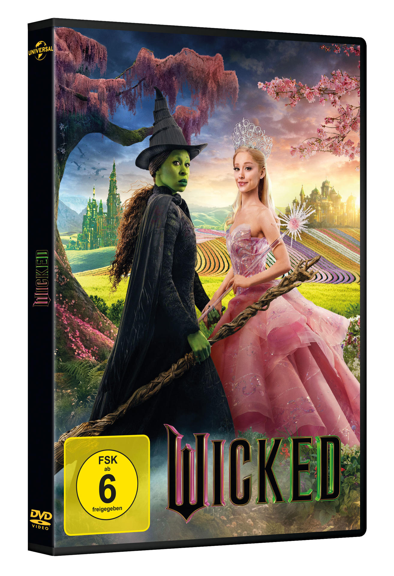 Das Wicked DVD-Cover zeigt die böse Hexe des Westens und Glinda auf einem blumigen Hintergrund.