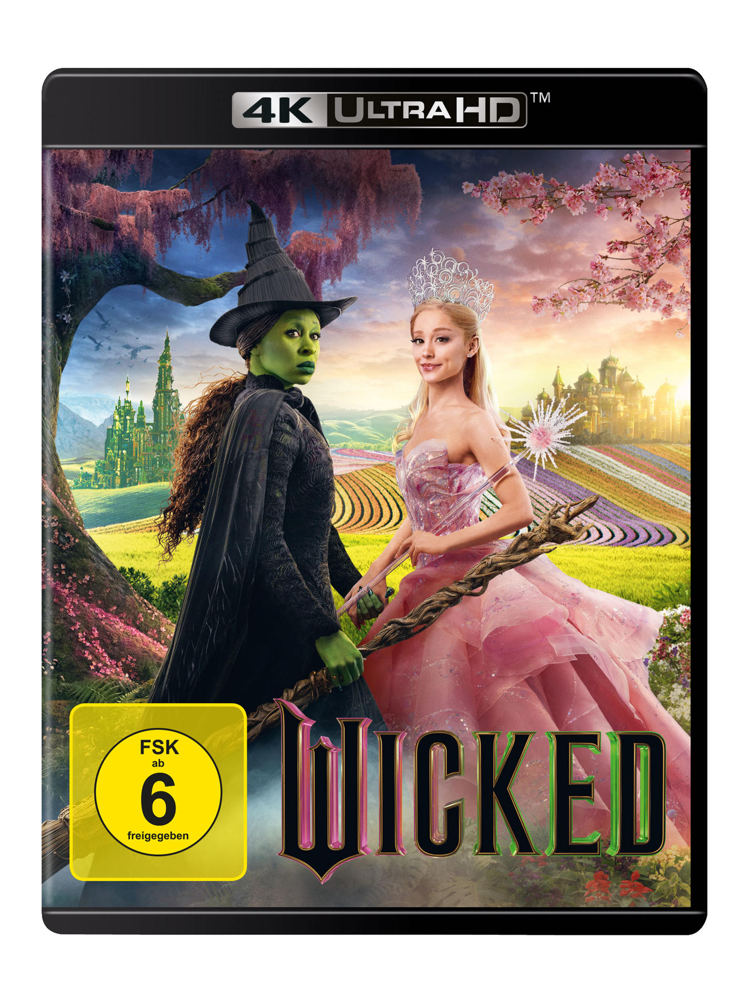 Wicked Filmcover. Zwei Frauen stehen auf einem Feld. Grüne Haut und Tiara. 'Wicked' in grünem Text.