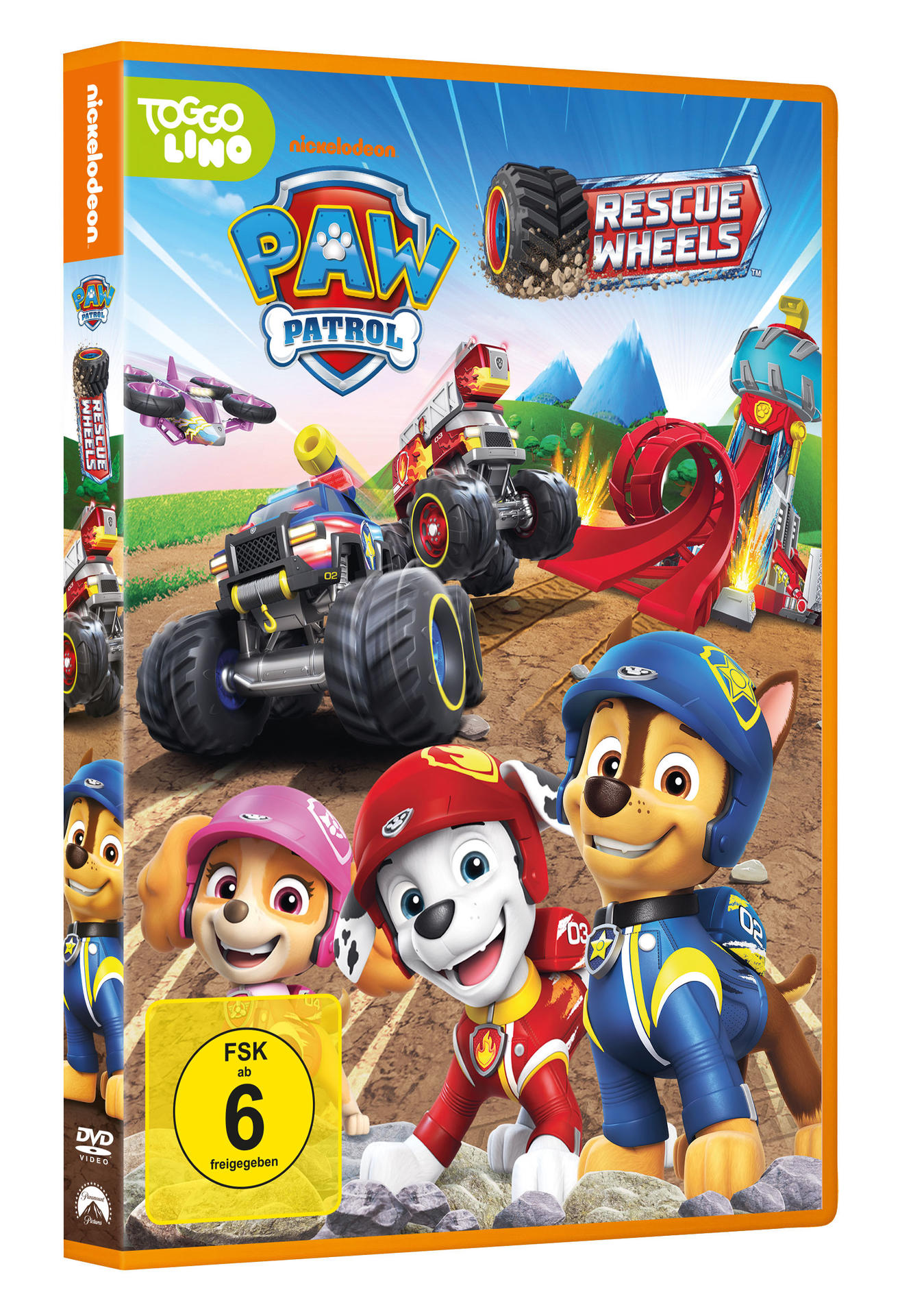DVD-Box-Set mit Paw Patrol-Zeichentrickfiguren und Fahrzeugen.