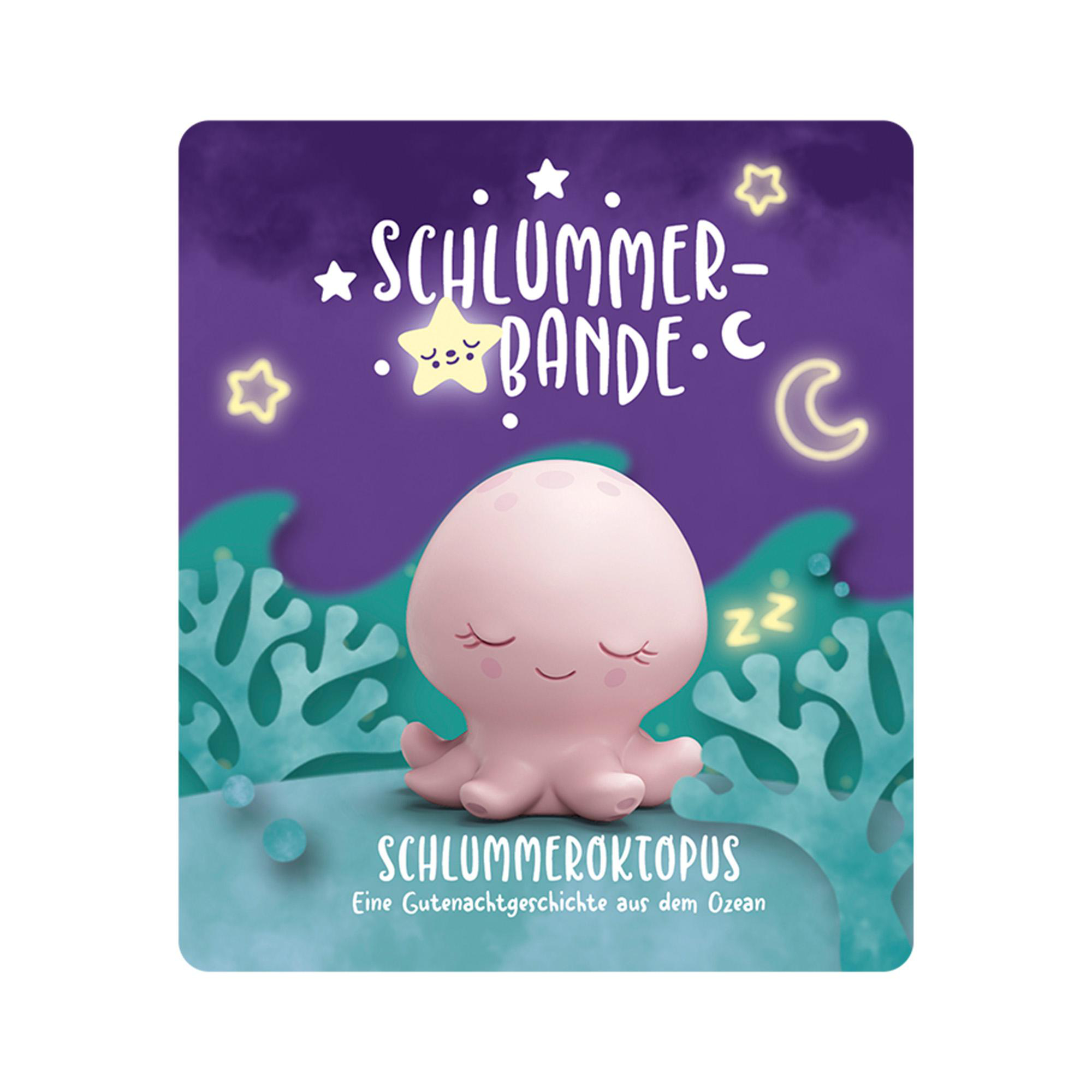 Eine rosa Oktopus-Illustration auf einem Buchcover mit Cartoon-Sternen, Wellen und Text auf Deutsch.