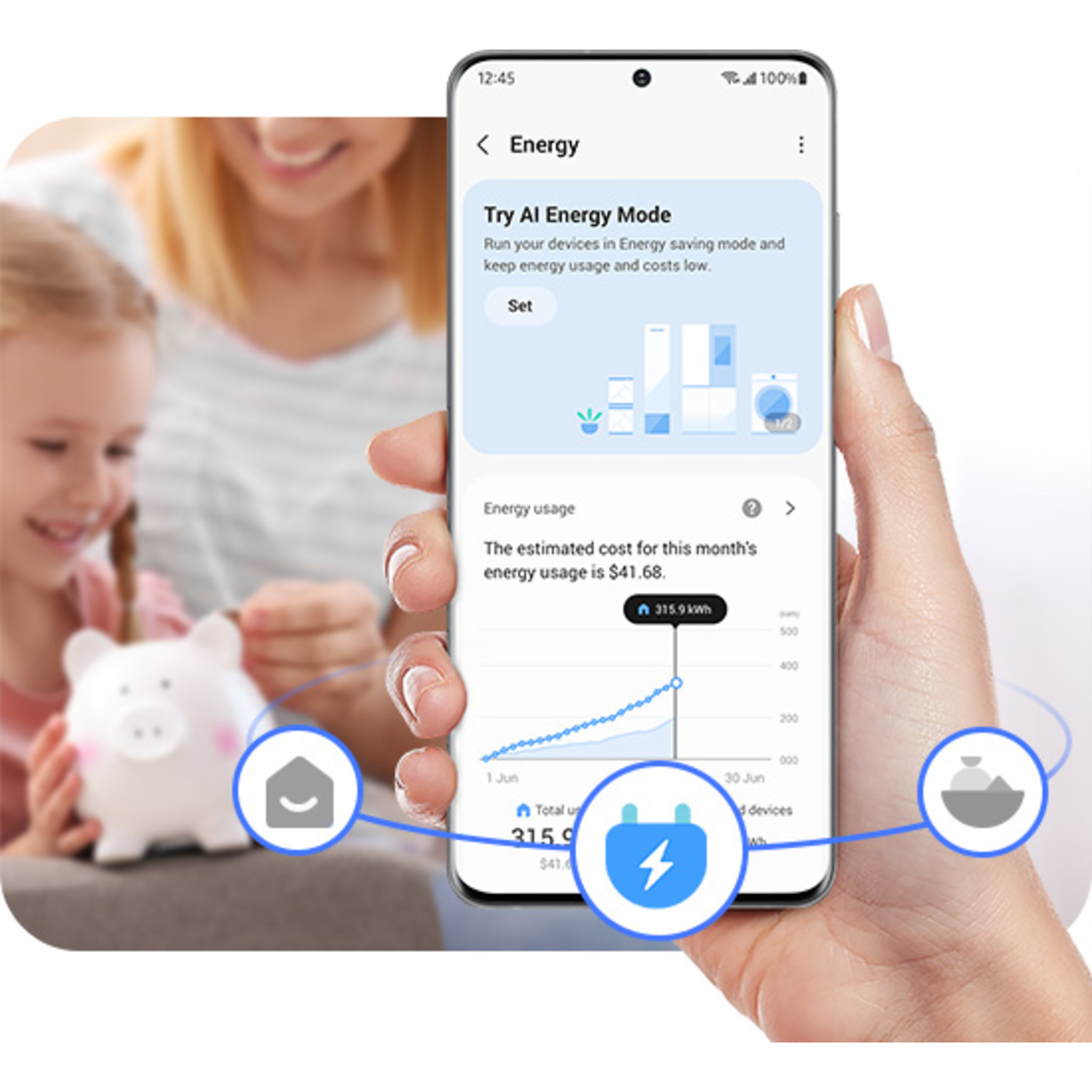 Hand die telefoon vasthoudt met energieverbruiksapp, spaarvarken.