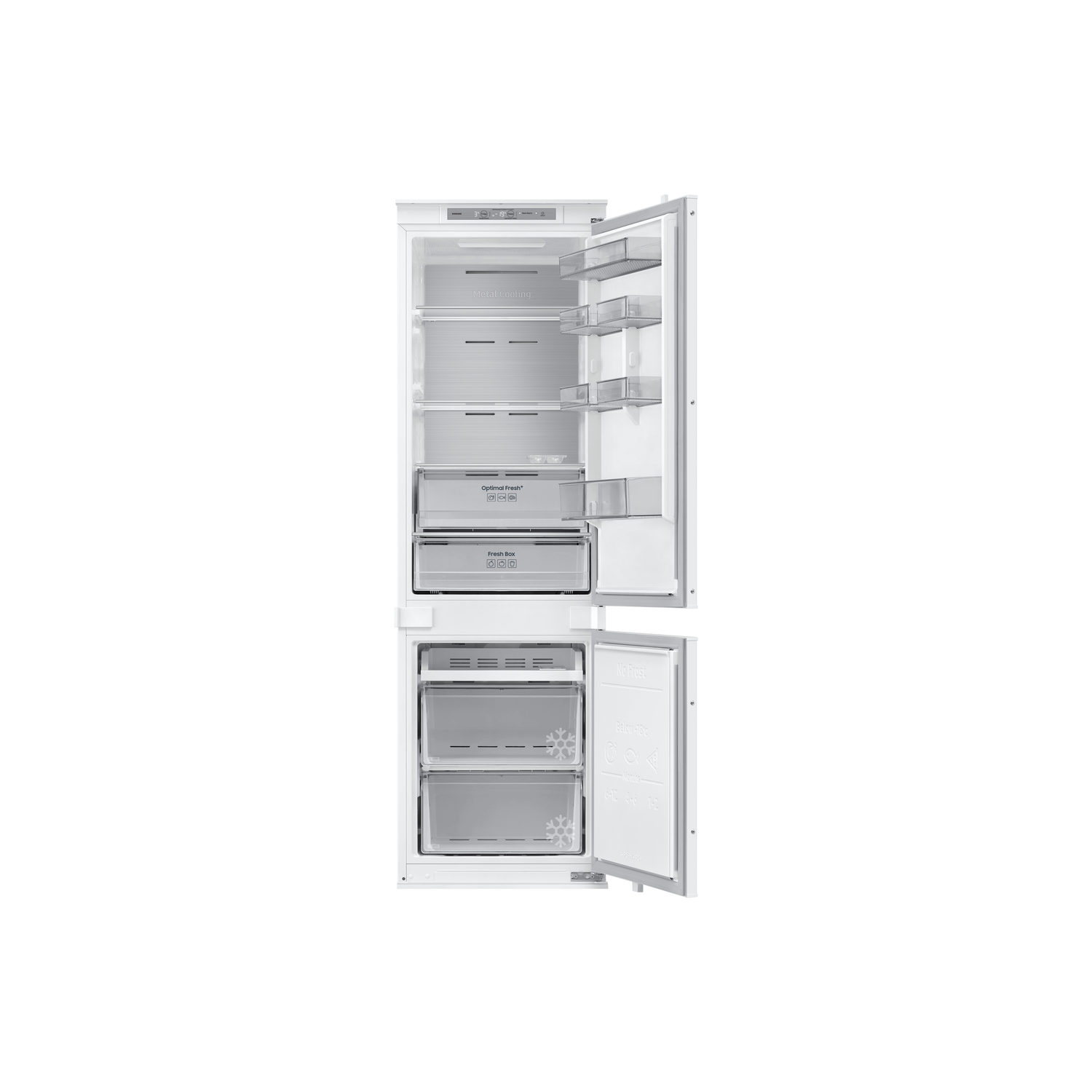 White refrigerator with opened doors, showing shelves and drawers.