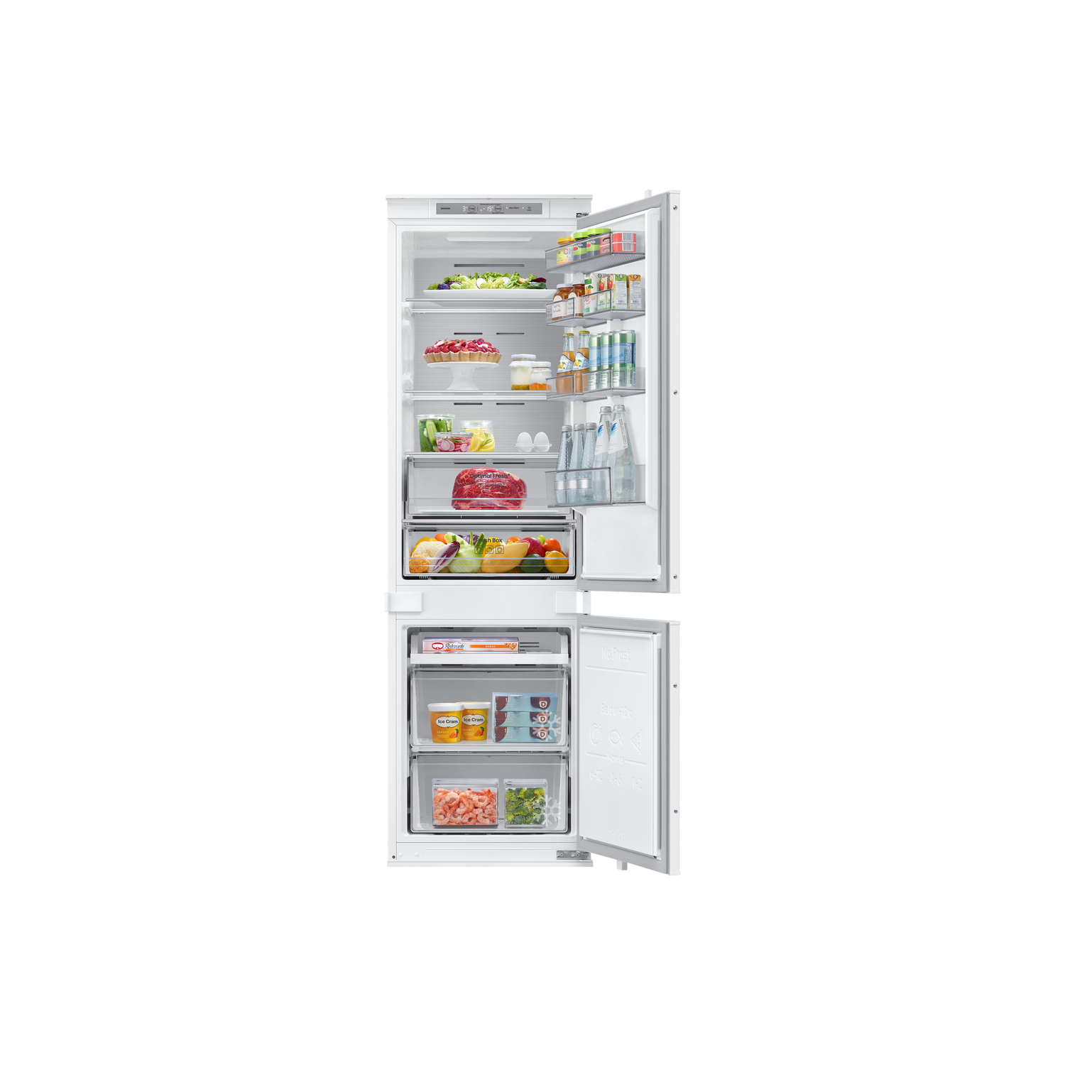White refrigerator with open doors revealing contents: shelves of food and a freezer below.
