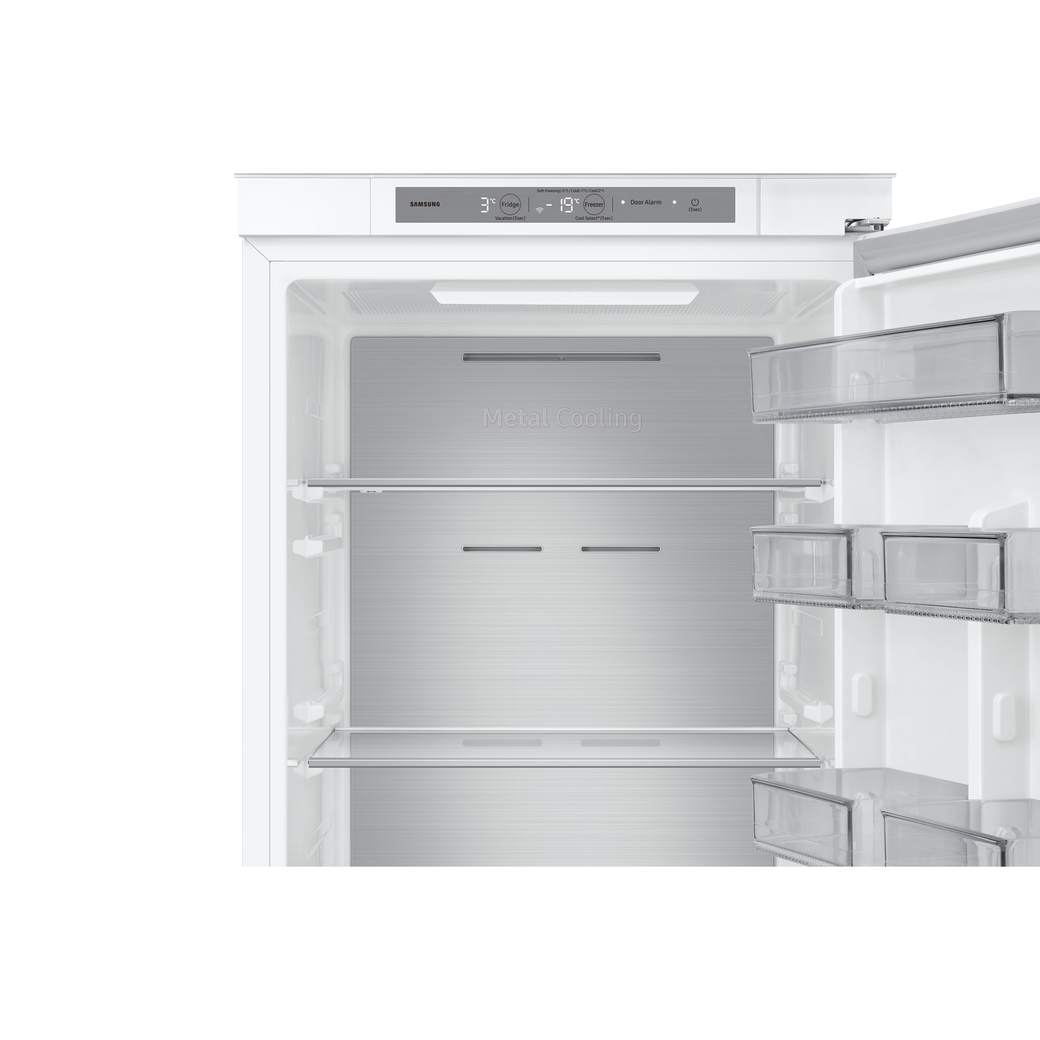 Refrigerator interior with shelves, drawers and the words Metal Cooling.