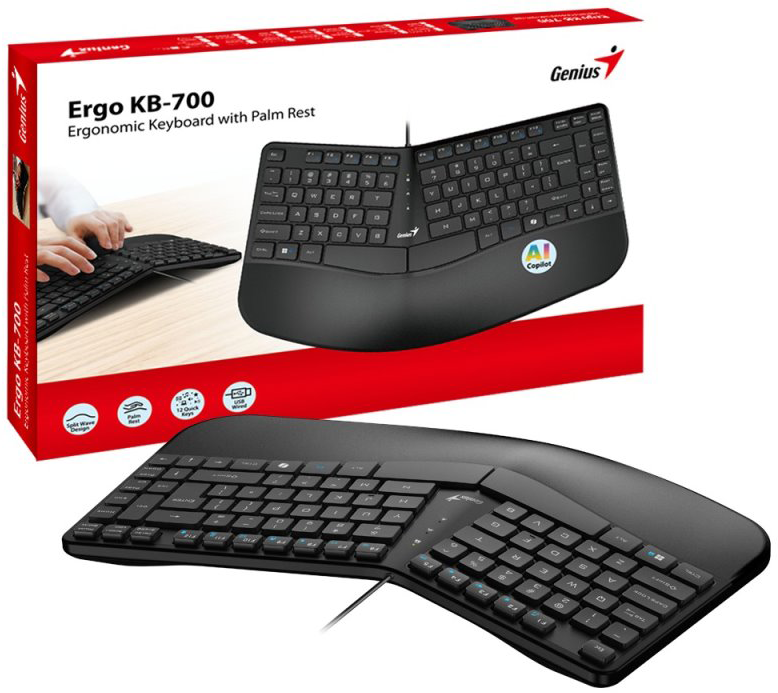 Ergonomikus Genius billentyűzet osztott kialakítással és csuklótámasszal, a termék csomagolása látható.