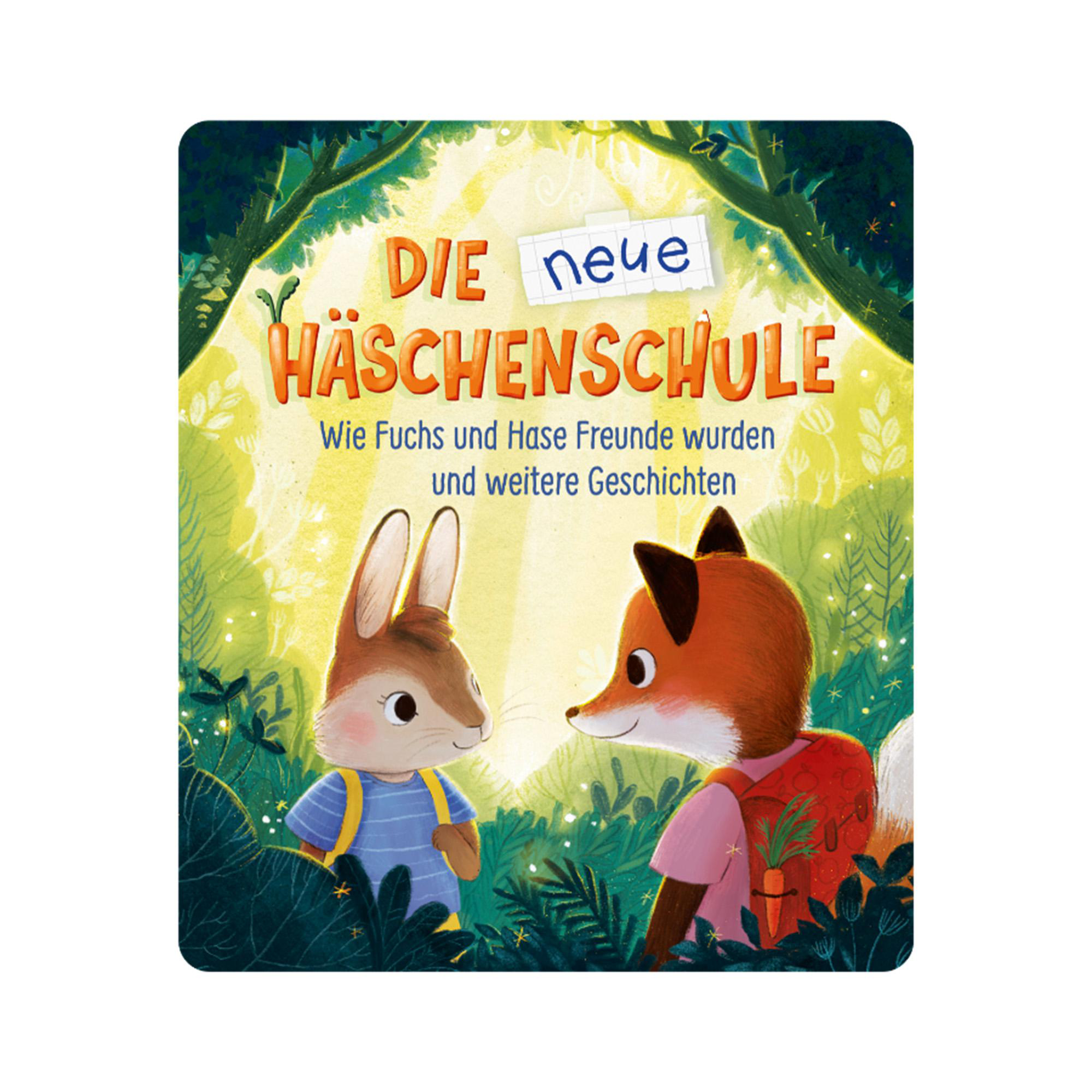 Buchcover mit Hase und Fuchs im Waldhintergrund.