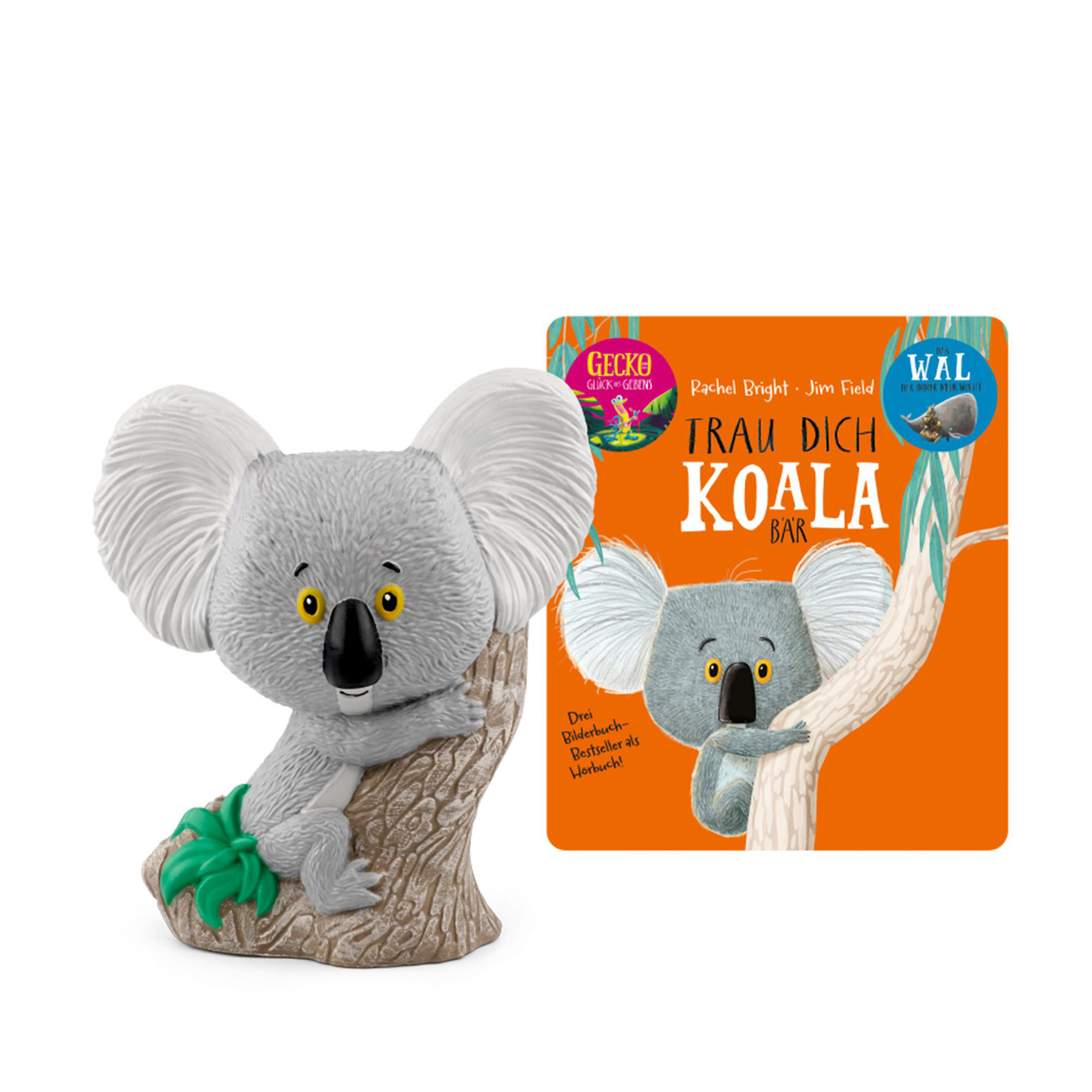 Eine Koala-Figur neben einem Buch mit dem Titel 'Trau Dich Koala Bär' von Rachel Bright.