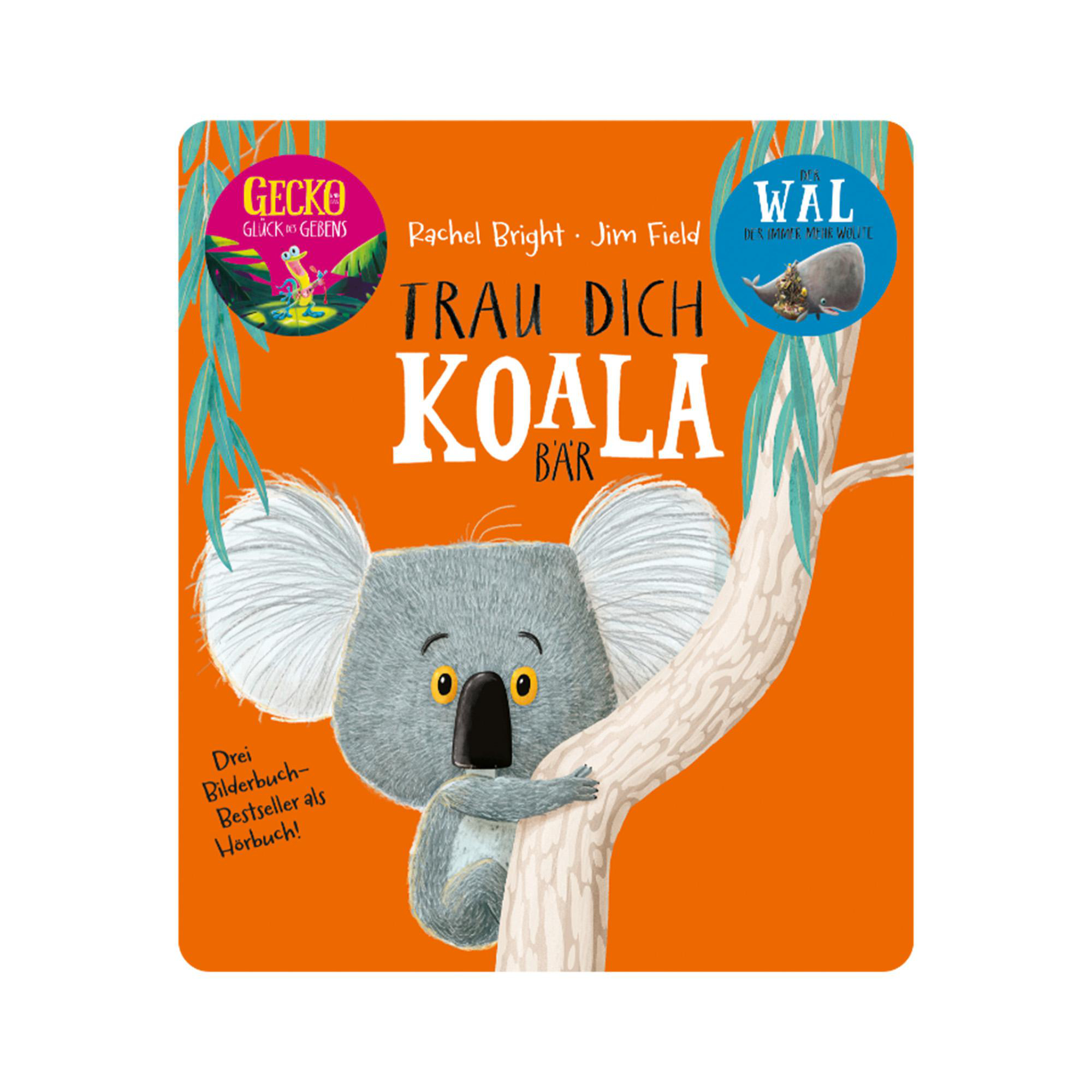 Ein Buchcover mit einem Koala auf einem Ast, orangefarbener Hintergrund und deutscher Text.
