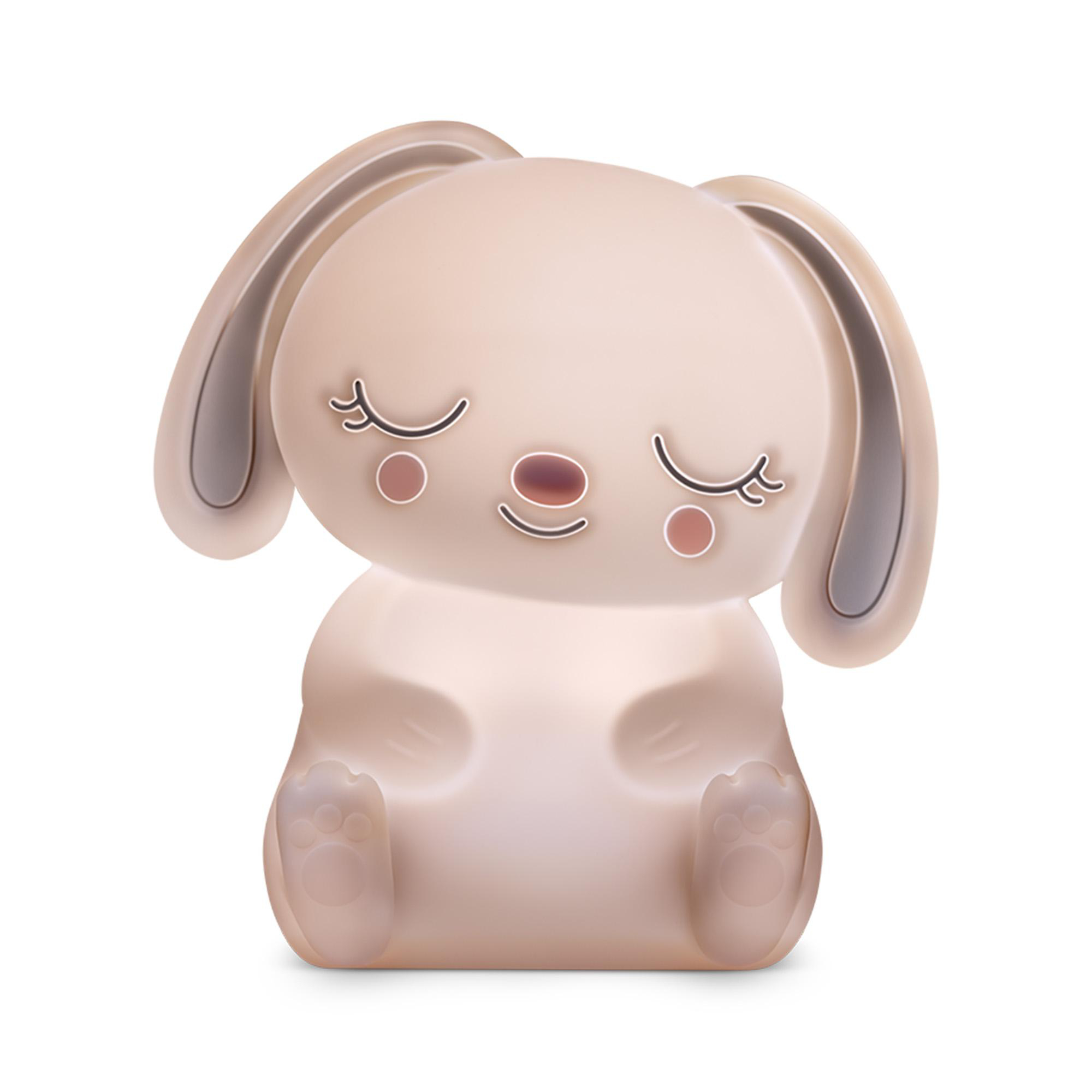 Eine leuchtende Hasenlampe mit geschlossenen Augen. Der Hase ist beige und hat einen leichten Schatten.