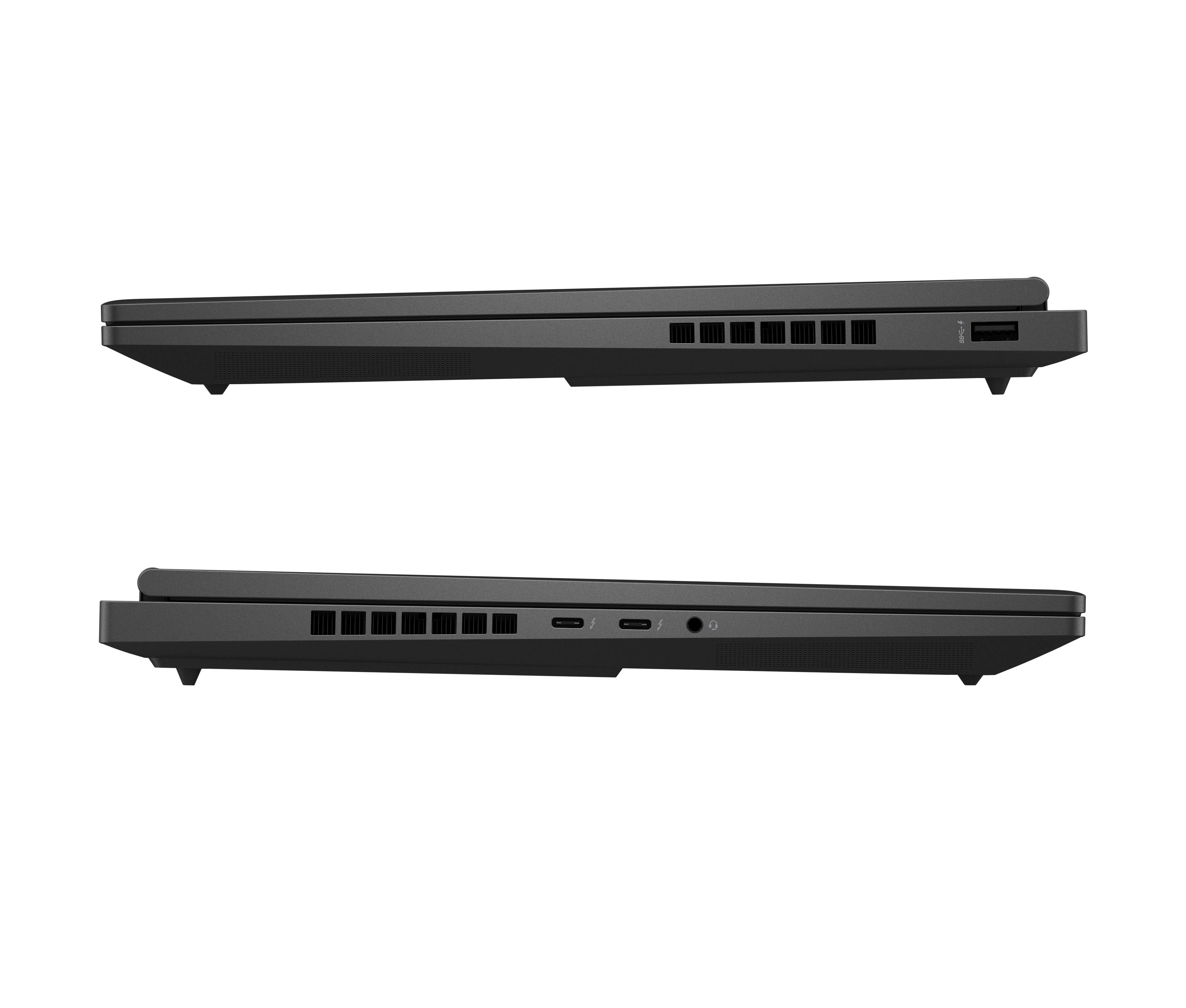 Seitenansichten eines dunkelgrauen Laptops, die Anschlüsse und Lüftungsschlitze zeigen.