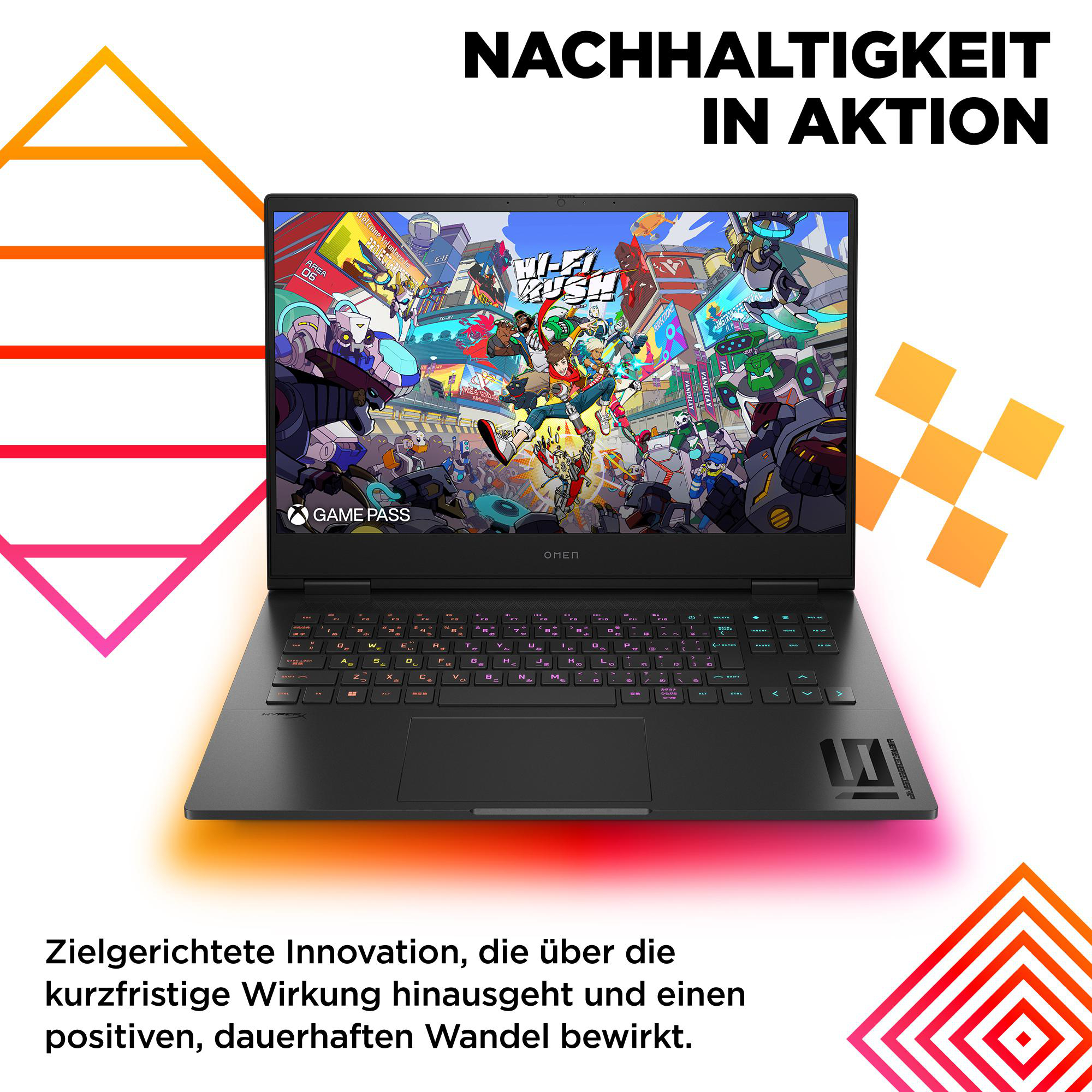 Laptop zeigt Spielgrafiken, mit Text über Nachhaltigkeit und Innovation.