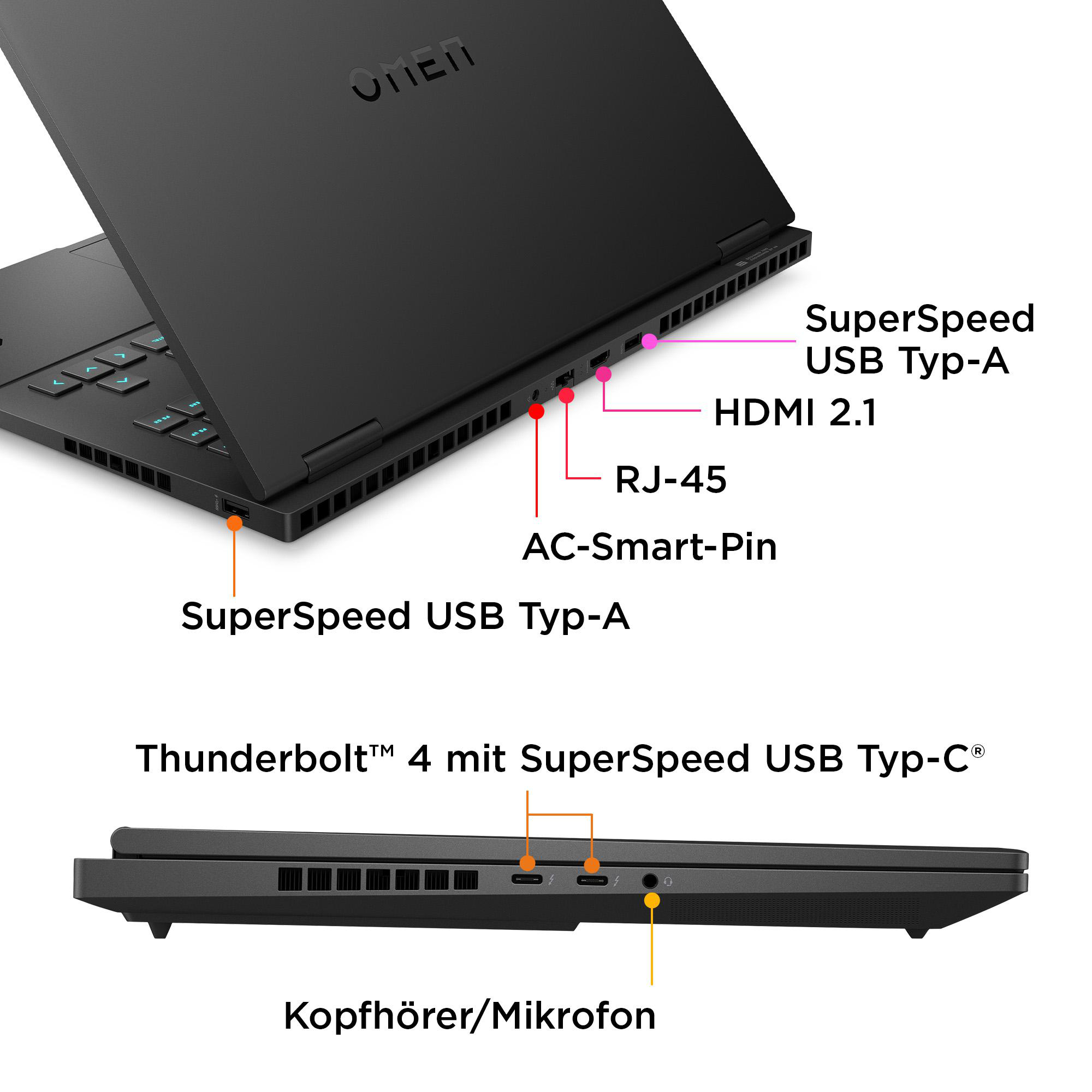 Schwarzer Laptop mit Anschlüssen, weißer Hintergrund.
