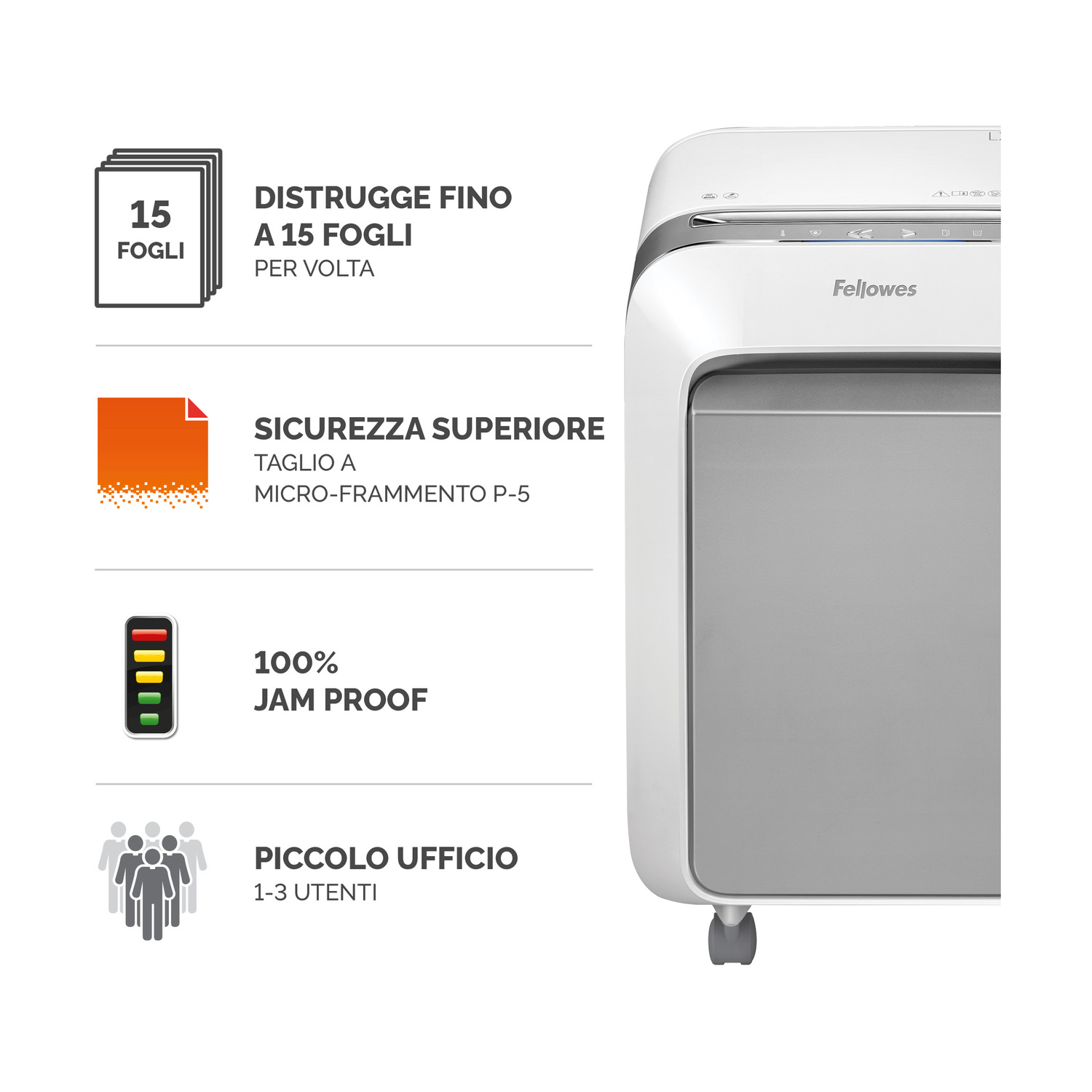 Un distruggidocumenti bianco e grigio con testo sulle sue caratteristiche: 15 fogli, micro-taglio e anti-inceppamento.