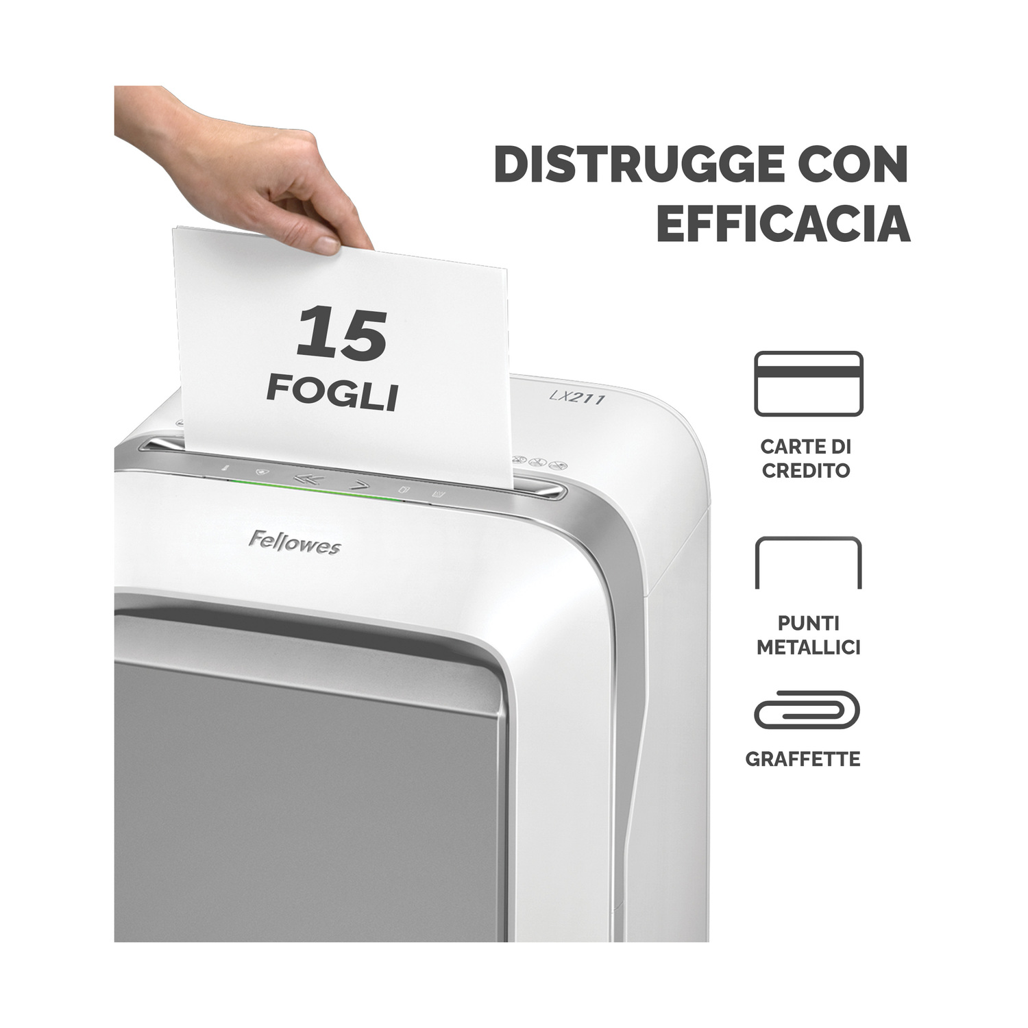 Distruggidocumenti con carta inserita e icone.