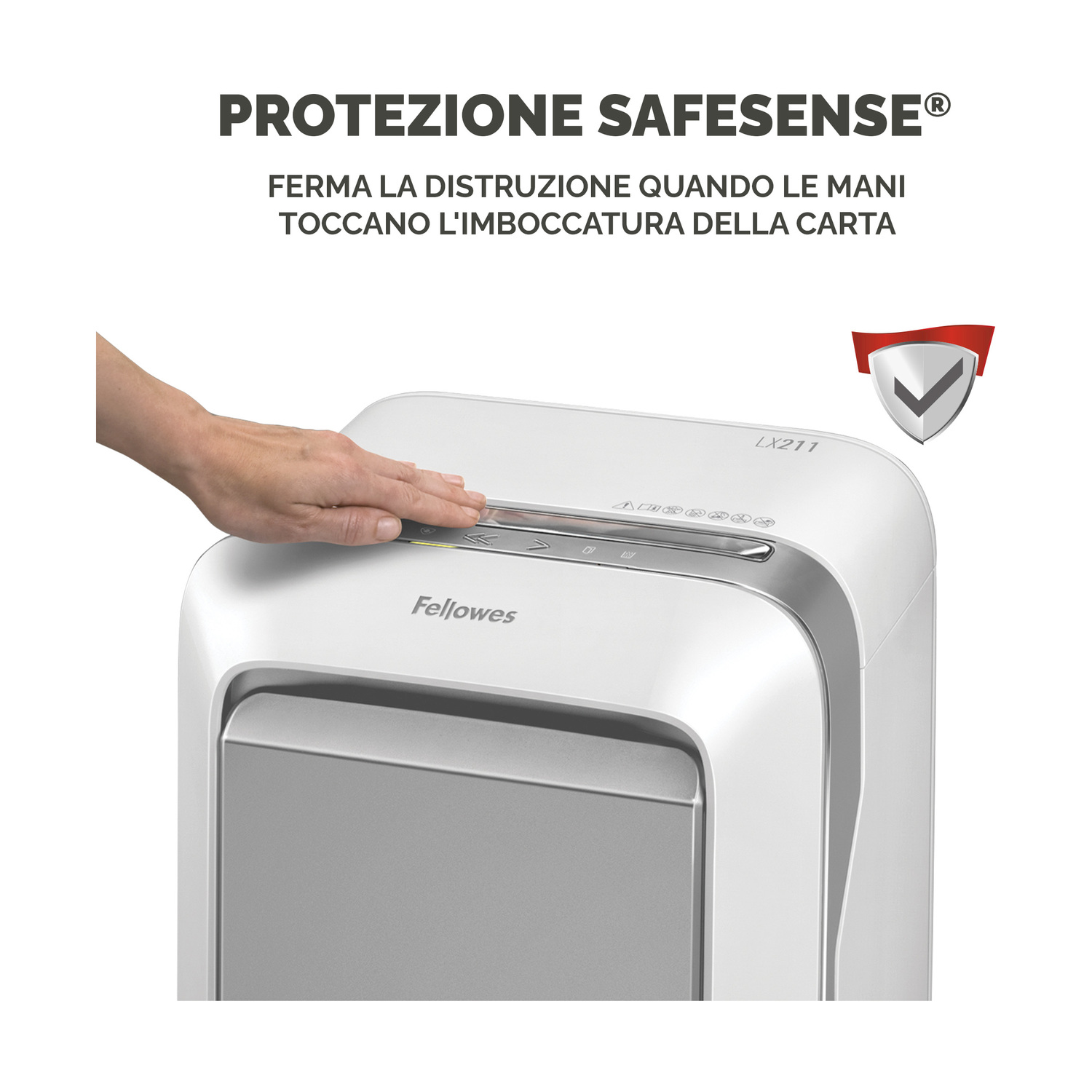 Una mano ferma un tritacarte. Tritacarte bianco con un accento argentato. Il testo dice 'Safesense'.
