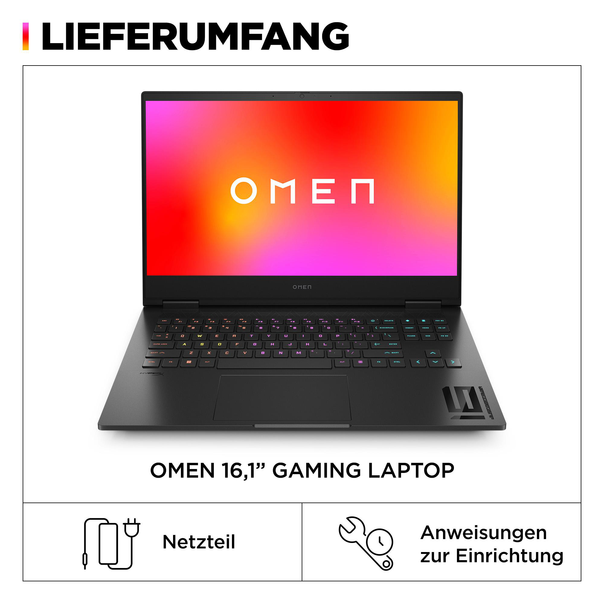 Schwarzer OMEN 16,1" Gaming-Laptop. Inklusive Netzteil und Einrichtungshinweisen. Bildschirm zeigt OMEN-Logo.