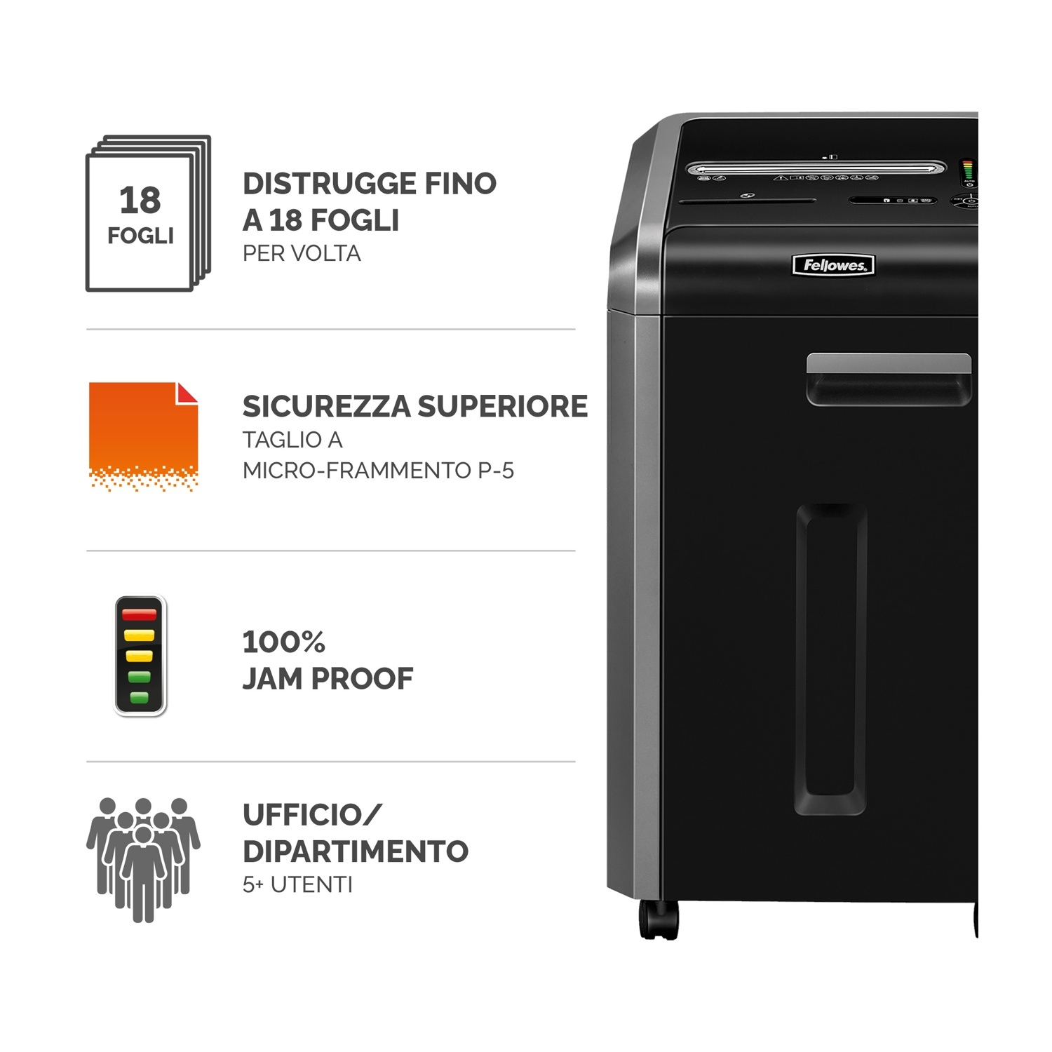 Distruggidocumenti nero con testo e icone che indicano le funzioni.